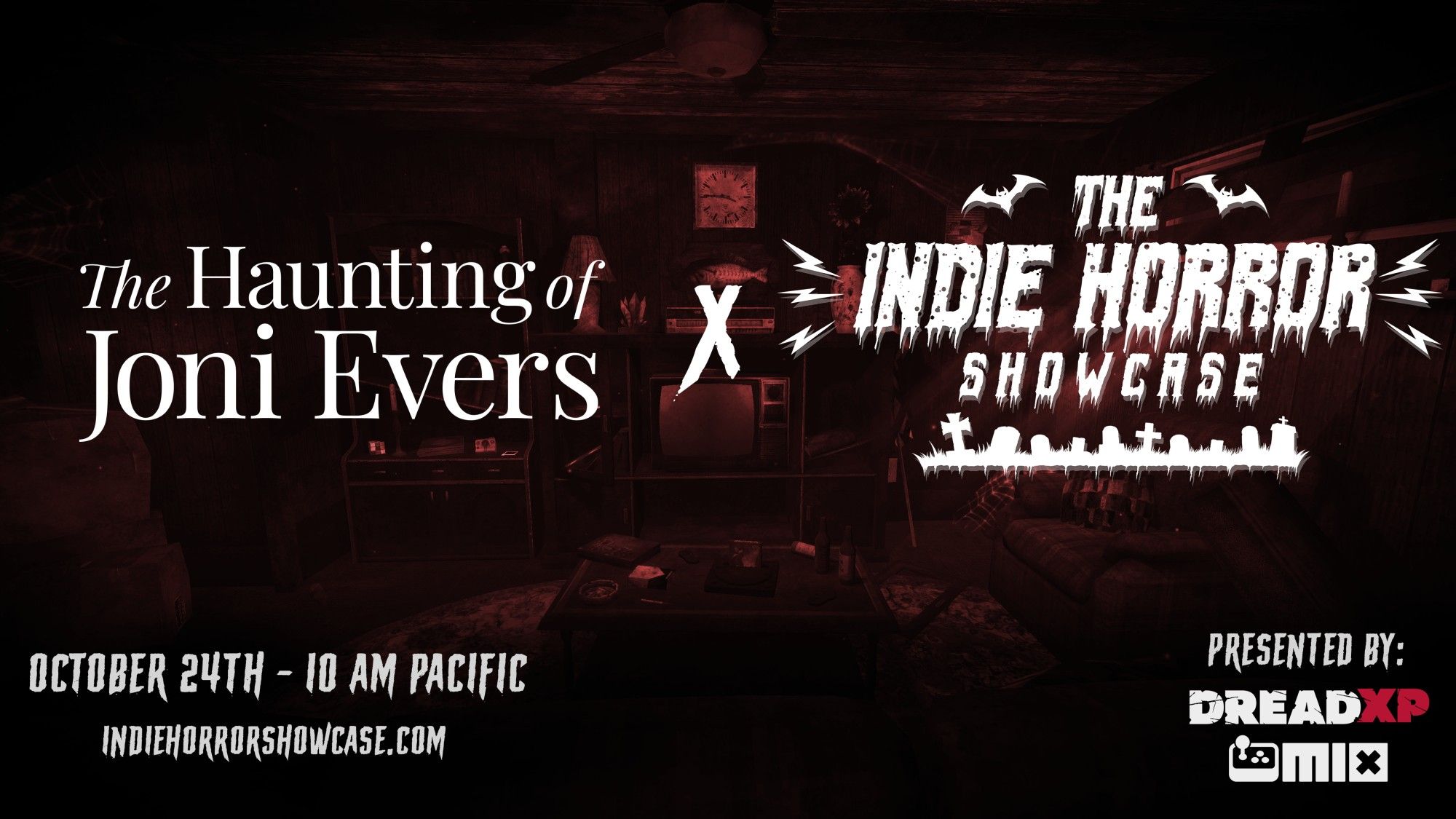 Promotional image for The Haunting of Joni Evers at The Indie Horror Showcase presented by DreadXP and the Media Indie Exchange. October 24th at 10am Pacific time. More details at www.indiehorrorshowcase.com