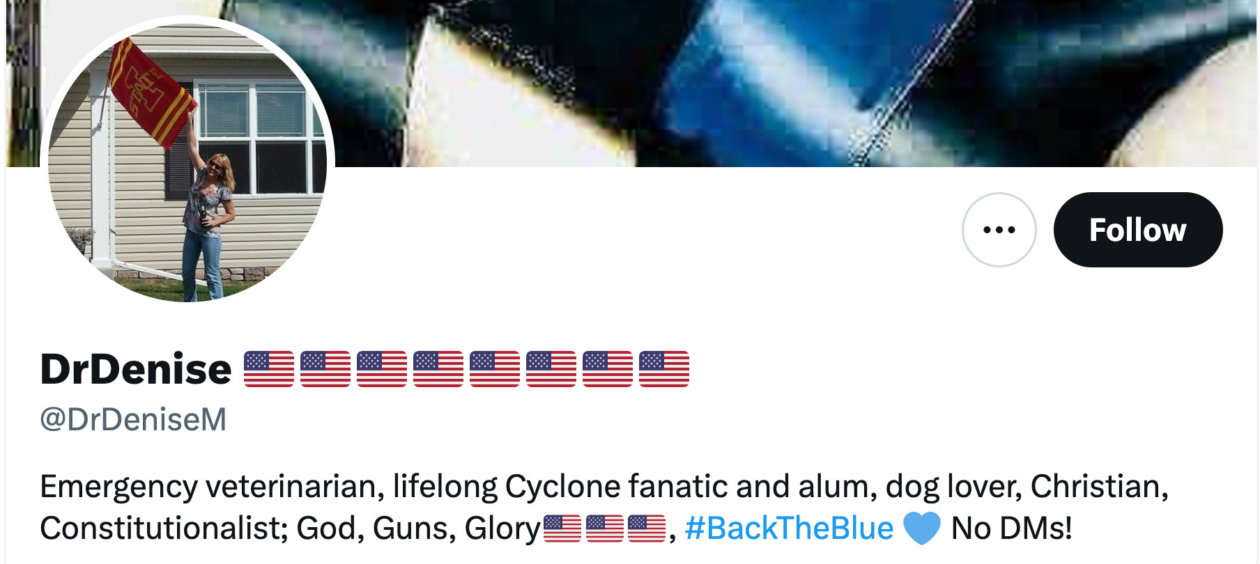 Screenshot of her Xitter bio indicating that she's a veterinarian:

DrDenise 🇺🇸🇺🇸🇺🇸🇺🇸🇺🇸🇺🇸🇺🇸🇺🇸
@DrDeniseM
Emergency veterinarian, lifelong Cyclone fanatic and alum, dog lover, Christian, Constitutionalist; God, Guns, Glory🇺🇸🇺🇸🇺🇸, #BackTheBlue 💙 No DMs!