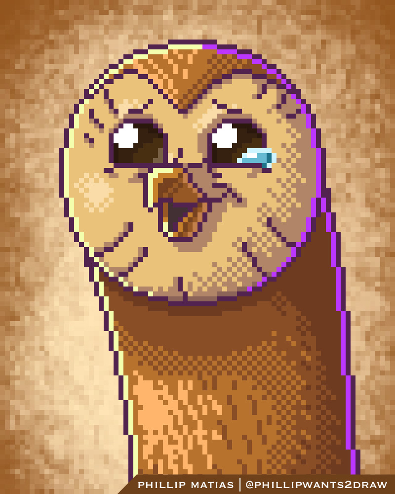 Pixel art of Hooty from The Owl House with a tear in his eye