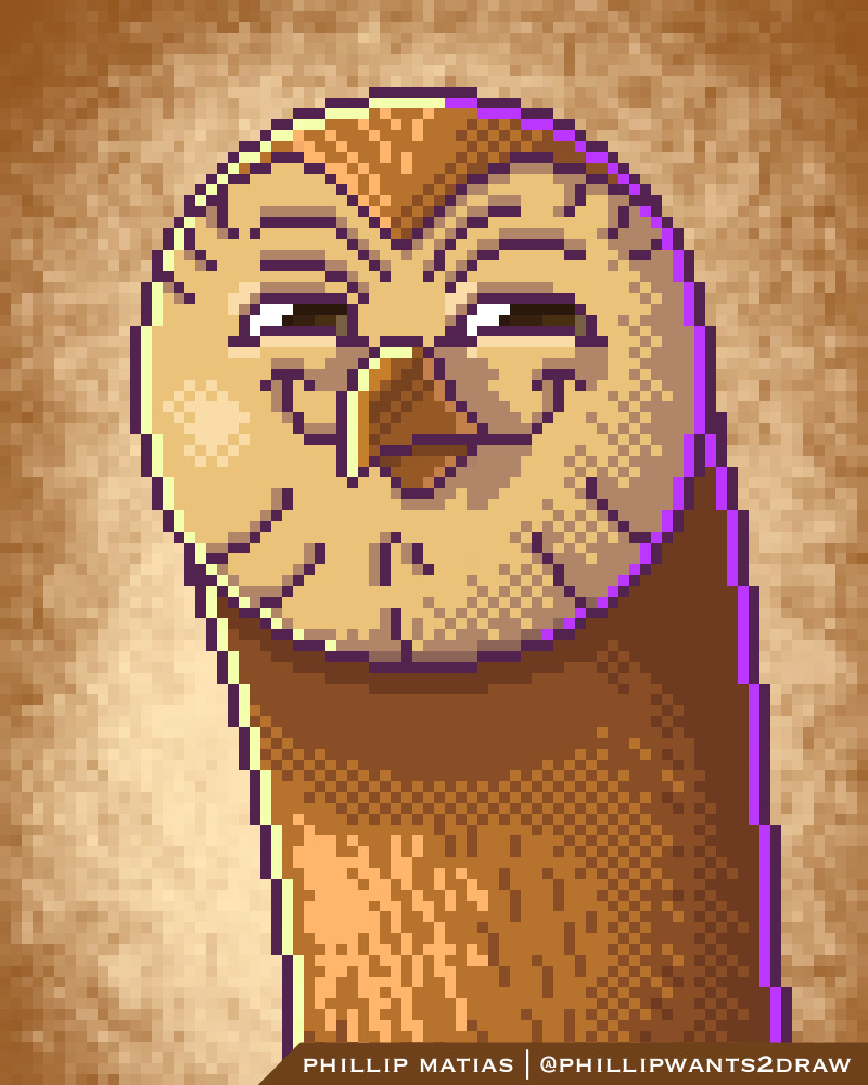 Pixel art of Hooty from The Owl House with wide smug smile