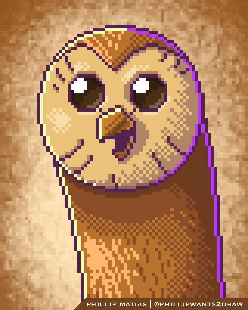 Pixel art of Hooty from The Owl House with an open toothless smile