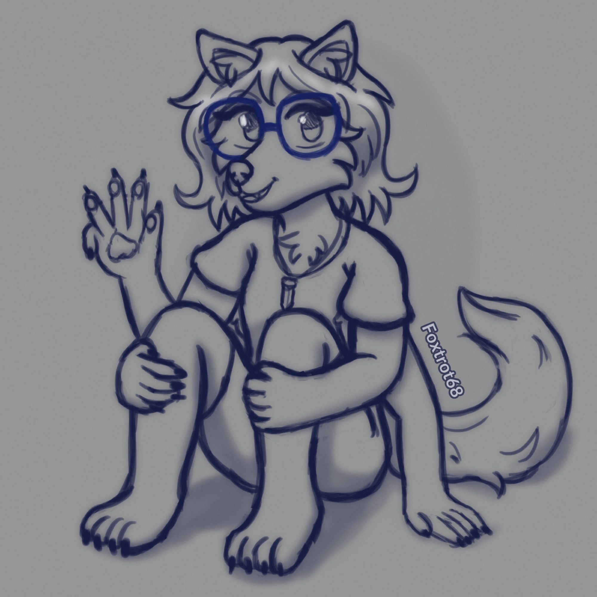 A sketch of Ashley, gray wolf. She has four arms. She's sitting down with her knees close to her chest, she's holding onto her legs with her two upper hands, one lower hand is touching the ground and the other is waving. Ashley's wearing her glasses, a t-shirt and shorts along with a rock necklace. her head's slightly tilted and she's smiling with her teeth showing. her tail's visible behind her. the sketch is roughly shaded, our watermark "Foxtrot68" is at an angle next to her arm and above her tail.