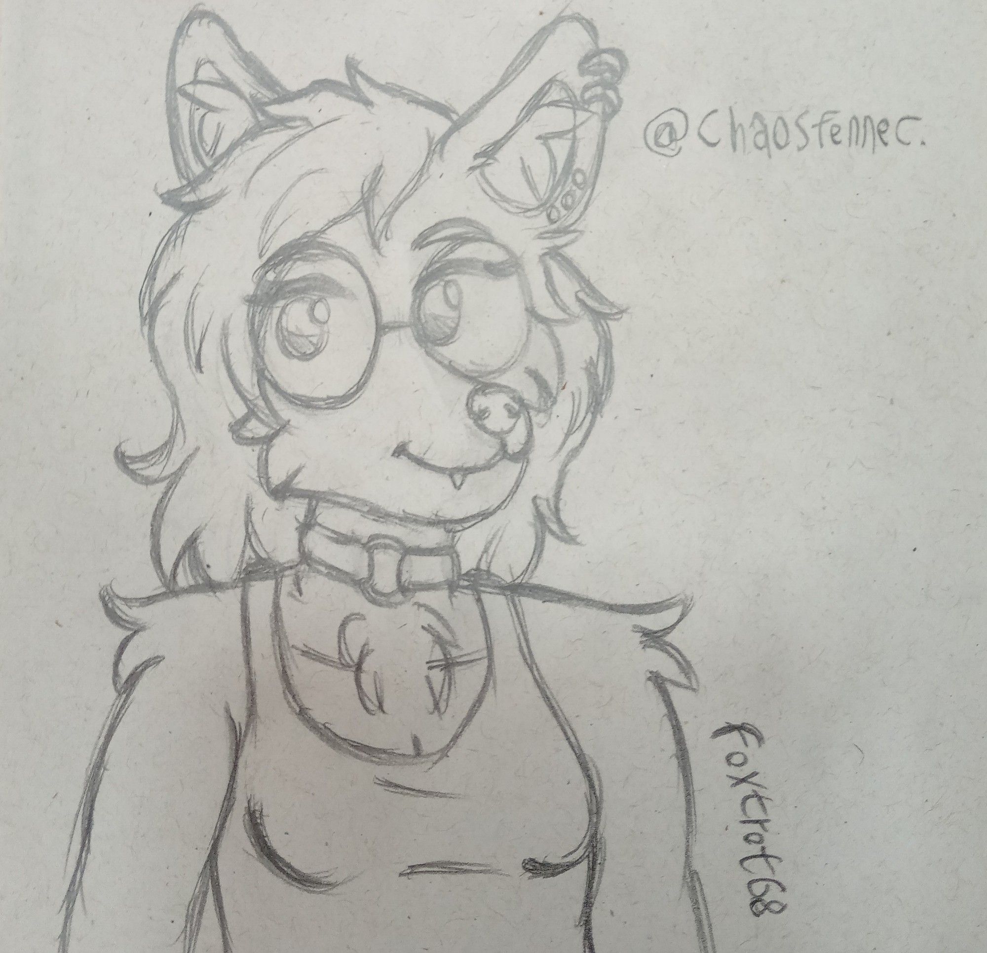 A pencil sketch of Ember, fennec fox. their bsky handle is written on the right, ours is vertically next to their arm. Ember is wearing a tank top, choker and round glasses.