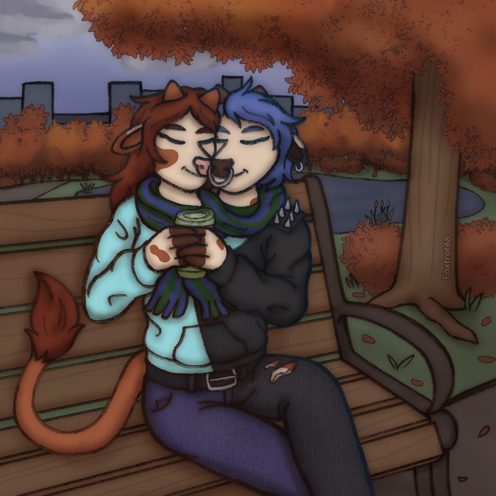 An illustration of Liz and Rachel sitting at a park bench while holding an iced matcha. They each have their heads tilted slightly and cuddling each other for warmth on this autumn day. They're wearing a dark green and blue scarf wrapped around their necks, a custom half blue hoodie half leather jacket with shoulder spikes, and some custom two tone denim jeans, dark blue and black, the black side has some decorative tears. the park bench they're sat at is on a path, behind it is a tree, some bushes and a lake, further back is a treeline and another path is visible on the left. there's buildings in the distance and a view of the ocean. our watermark "Foxtrot68" is placed vertically on the tree to the right.