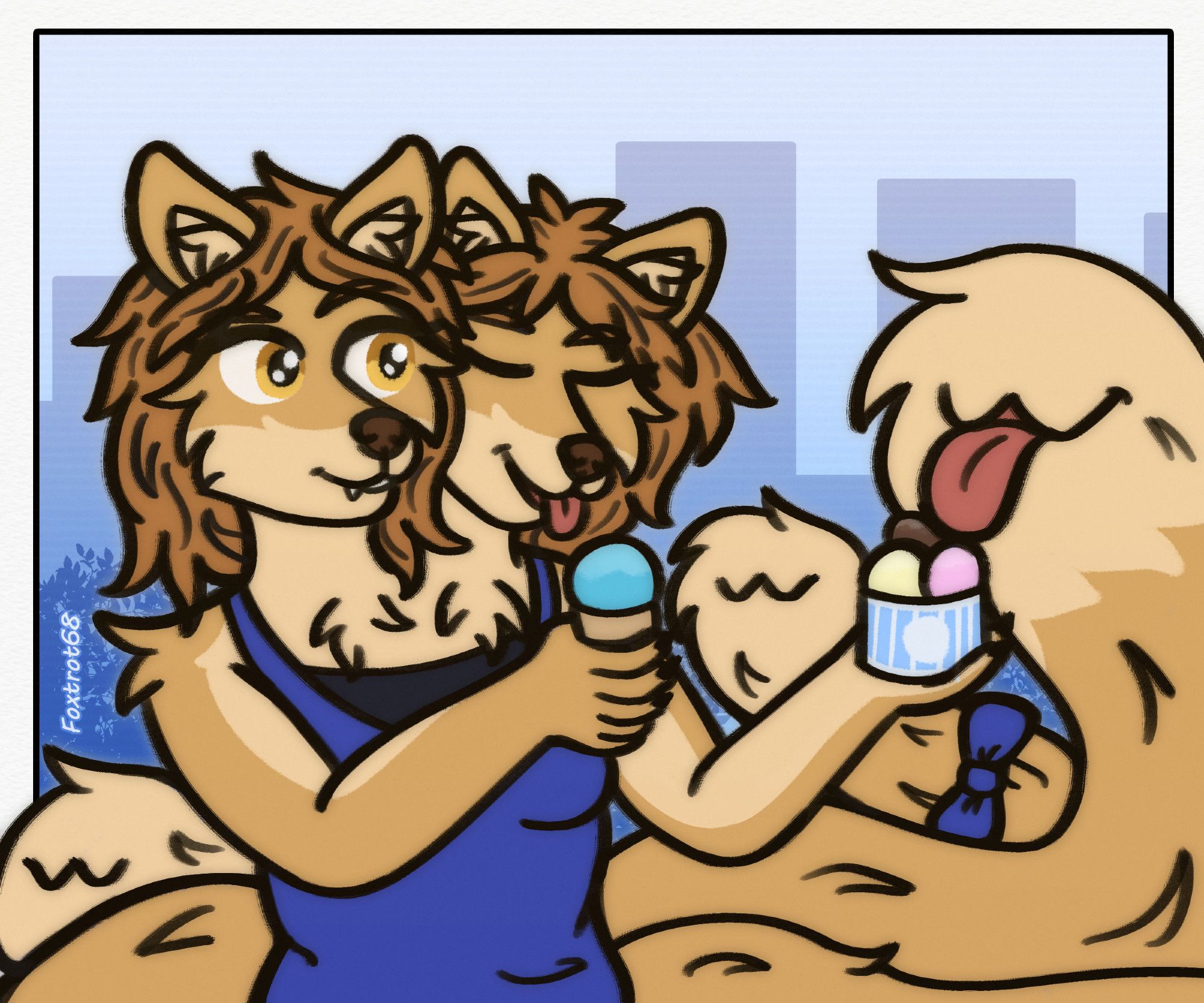 An illustration of Ember, a shapeshifter kitsune currently with two heads and many large tailmaws. Ember is licking some blue ice cream with their right head and holding out a tub of neapolitan ice cream for their tailmaw to lick as well. There's two other tailmaws visible around them, both are smiling. The background features an abstract cityscape on a bright sunny day, it's framed by a black border and a white outside part. there's some foliage visible, our watermark sits vertically on the left side "Foxtrot68".