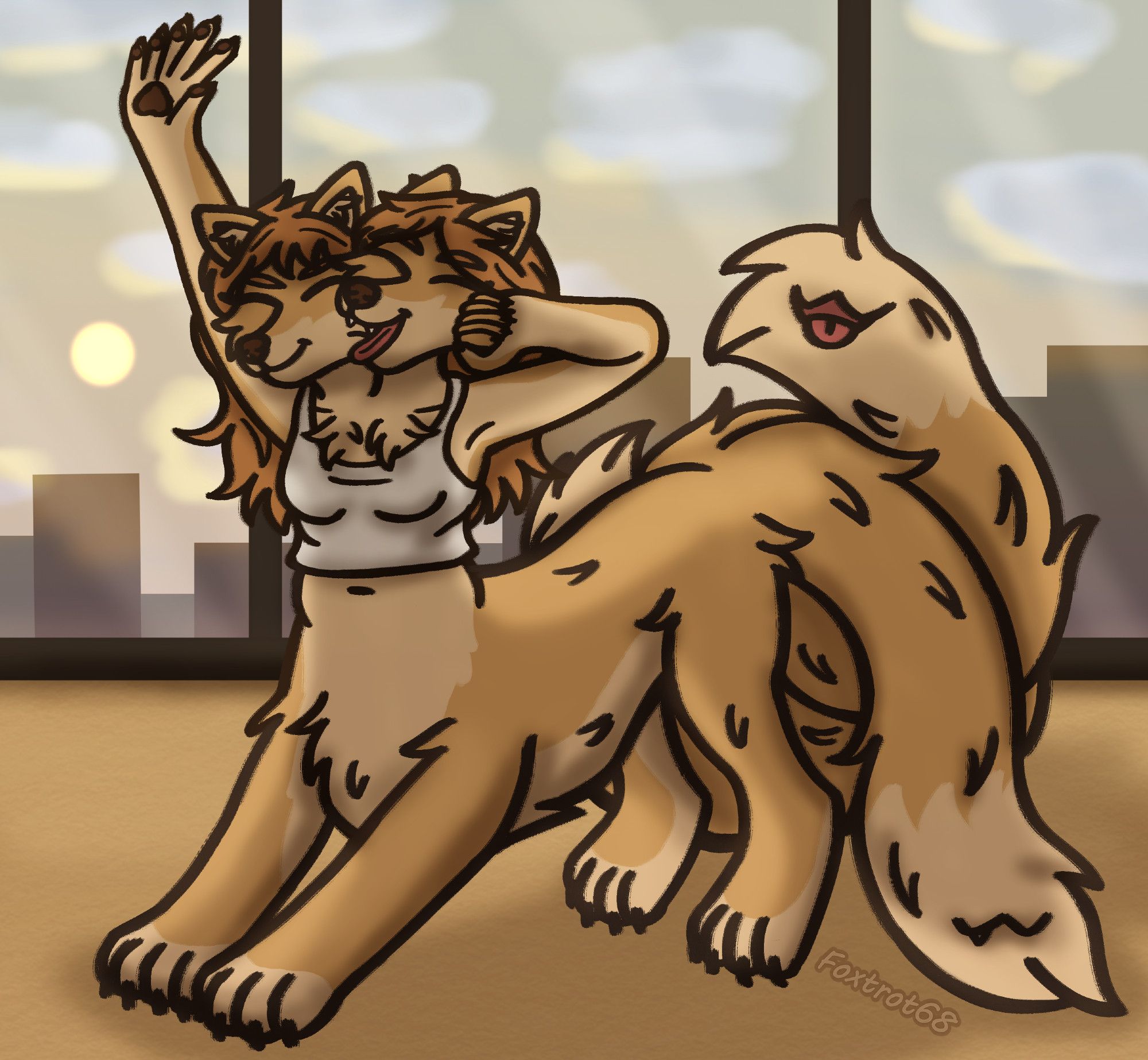 An illustration of Ember, a shapeshifter kitsune, they're stretching their lower taur body, front paws are going forward, their right arm is being stretched upwards, the right head has their eyes closed enjoying the stretch, the left head is yawning, also with their eyes closed, their arm is mid stretch, raised close to their face with the hand closed, their hands both have six digits. they're only wearing a white tank top. The background shows some tall windows, the floor is a yellow carpet, outside is a city scape at sunrise, the sun's bright in the sky, lighting up clouds, buildings and casting light into the room they're in, most of the right side of their body is in shadow. our watermark is visible at an angle below their various tailmaws, it reads "Foxtrot68".