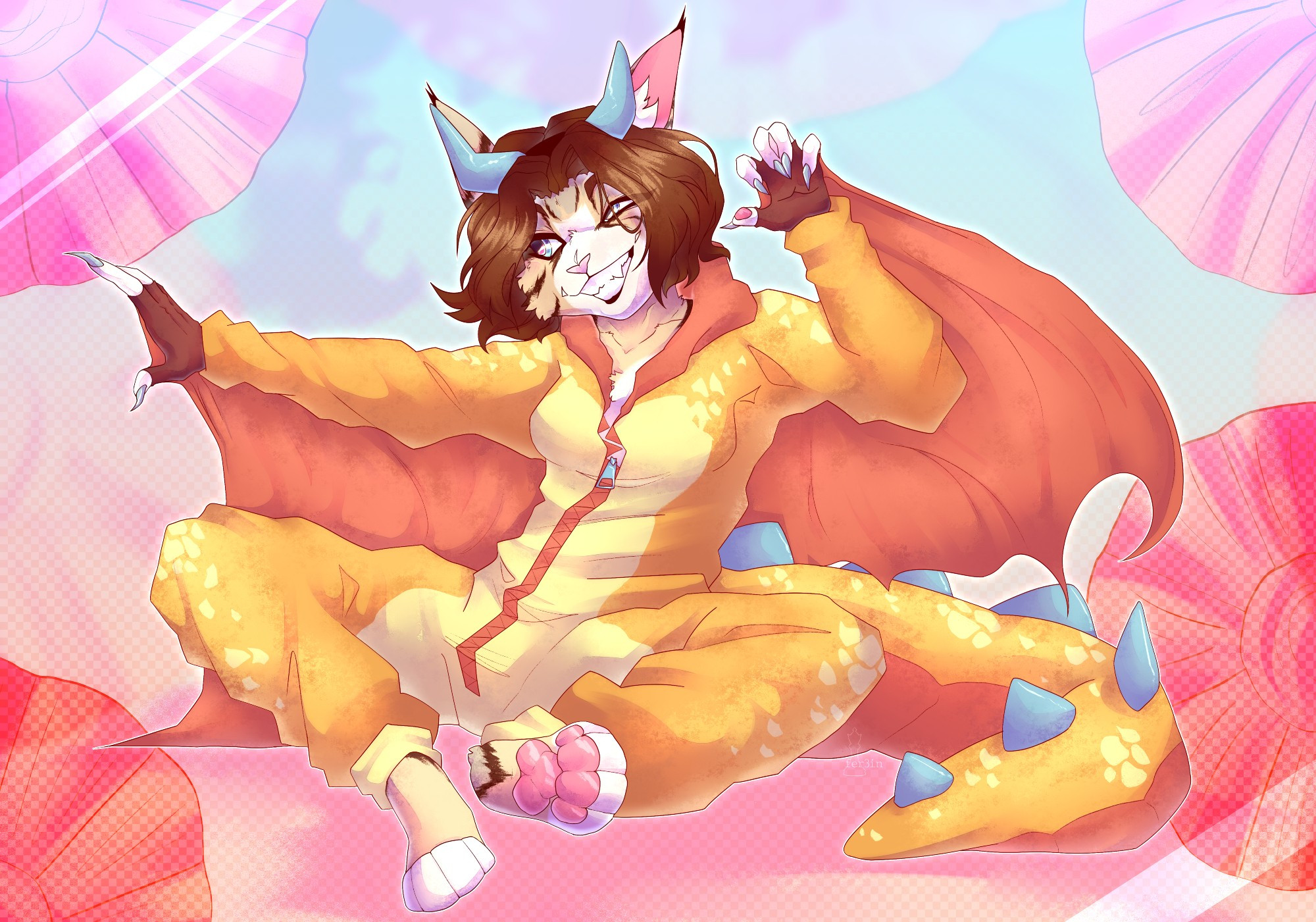 Anthro cat in a dragon pajama. The color palette of the work is warm and soft