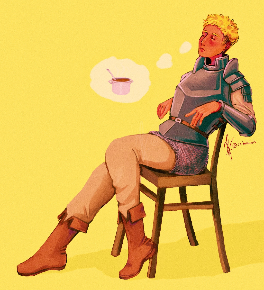 A digital painting of Laios from Delicious in Dungeon. He is sitting in a simple wooden chair. Next to him is a thought bubble containing a simple depiction of a pot full of soup. The background is a plain bright yellow, and the character is painted with bold, saturated colors.