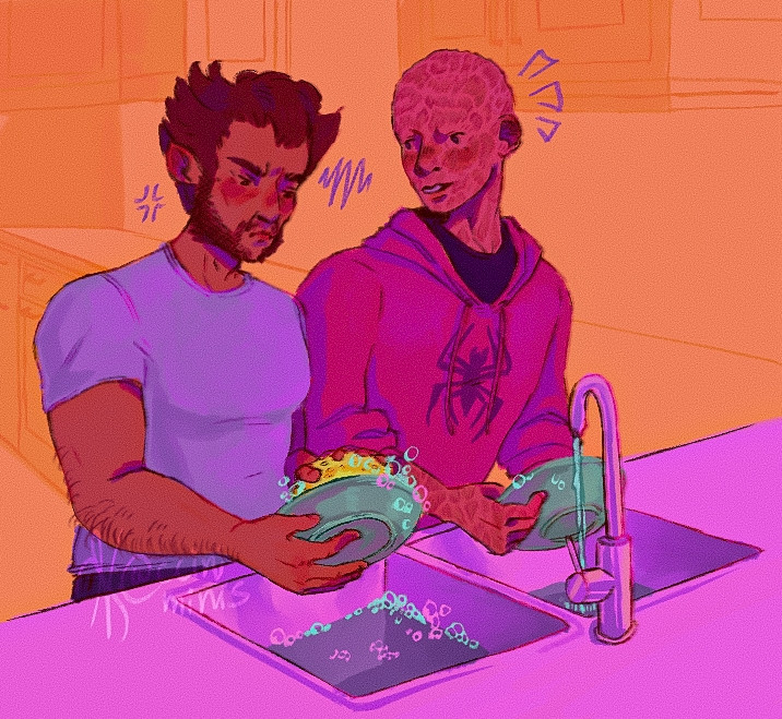 A cartoony, digital painting of Wolverine and Deadpool washing the dishes together. Deadpool is wearing a hoodie with a Spiderman logo on the front. He is looking at Wolverine and smiling at him. The other man has an irritated expression on his face, and is wearing a simple, plain t-shirt. The background is a simple, linear drawing of a kitchen in bright orange, while the characters and countertop in the foreground are painted with saturated purples, oranges, pinks and cyans.