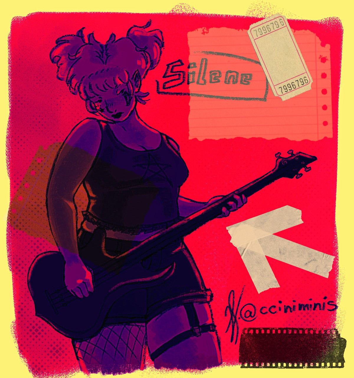 A digital drawing of a woman playing the electric guitar. Her hair is up in pigtails and she is wearing dark clothes - a tank top, shorts, fishnets and a garter. There is a text box that says "Silene" right next to her. The background is red with a yellow border, while the character is colored with various shades of purple. The character is surrounded by stickers, such as scrap pieces of paper, a piece of film and a ticket.