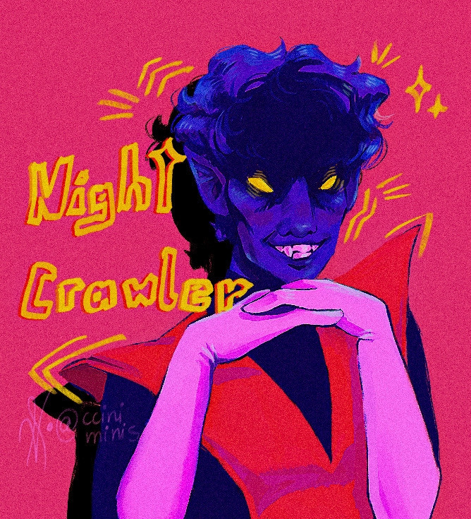 A digital portrait of Nightcrawler from the X-Men series. He is looking straight at the viewer with a wide smile on his face. His head is resting on his intertwined hands. The colors on the character are deep saturated, and the background is a plain, hot pink. There is a bright yellow, hand-written text on the right that says "Night Crawler"