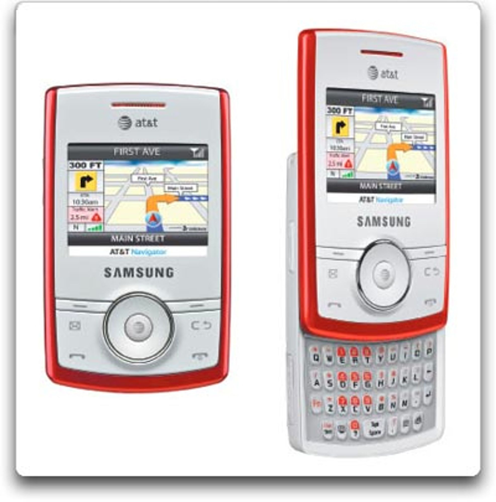 a red and white samsung propel cell phone, with a small screen that slides up to reveal a keyboard