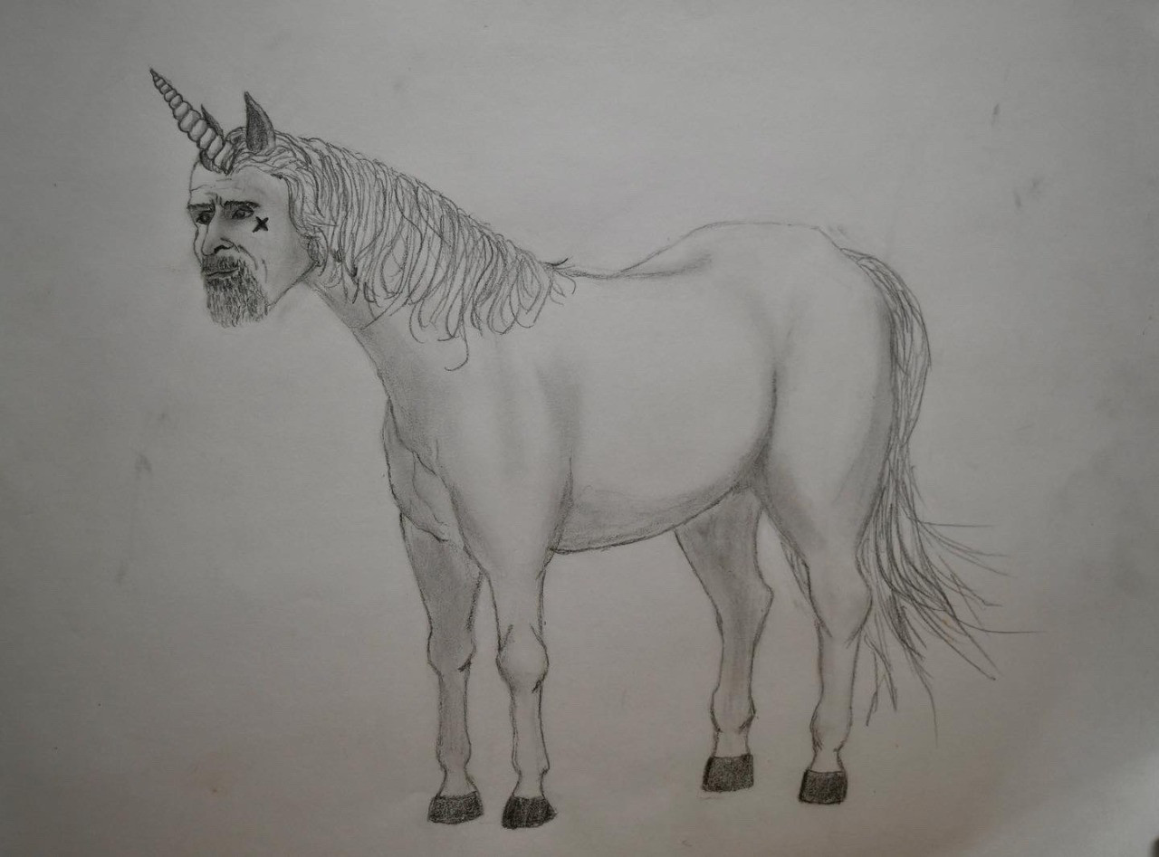 Lucius drawing of Izzy as a unicorn (body of a horse/unicorn with Izzy’s face and a horn)