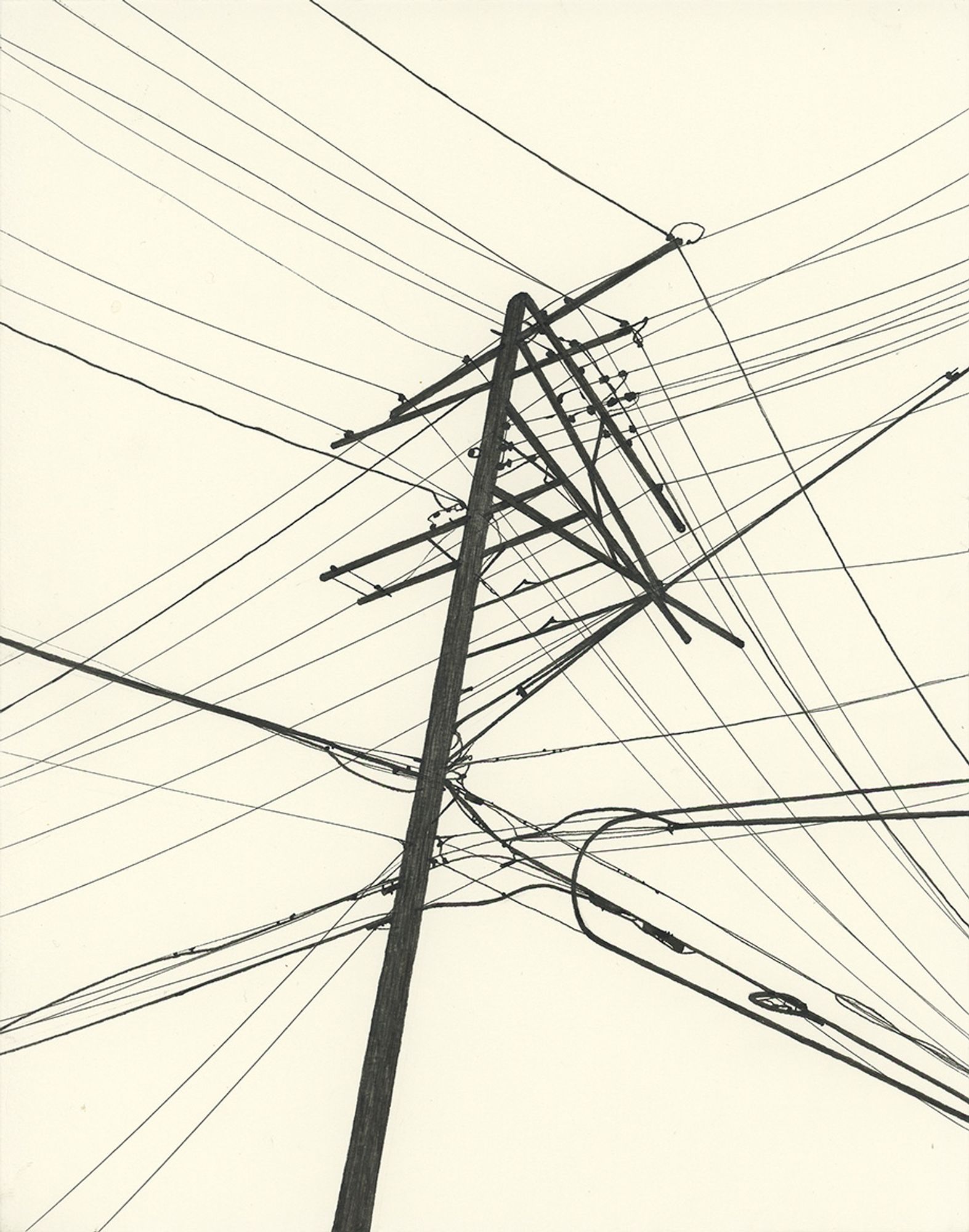 Black ink drawing of a utility pole and power lines, lots of arms and lines, very messy