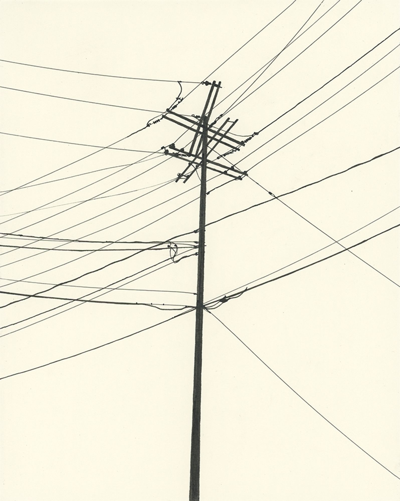 Black ink drawing, silhouette of a utility pole and power lines