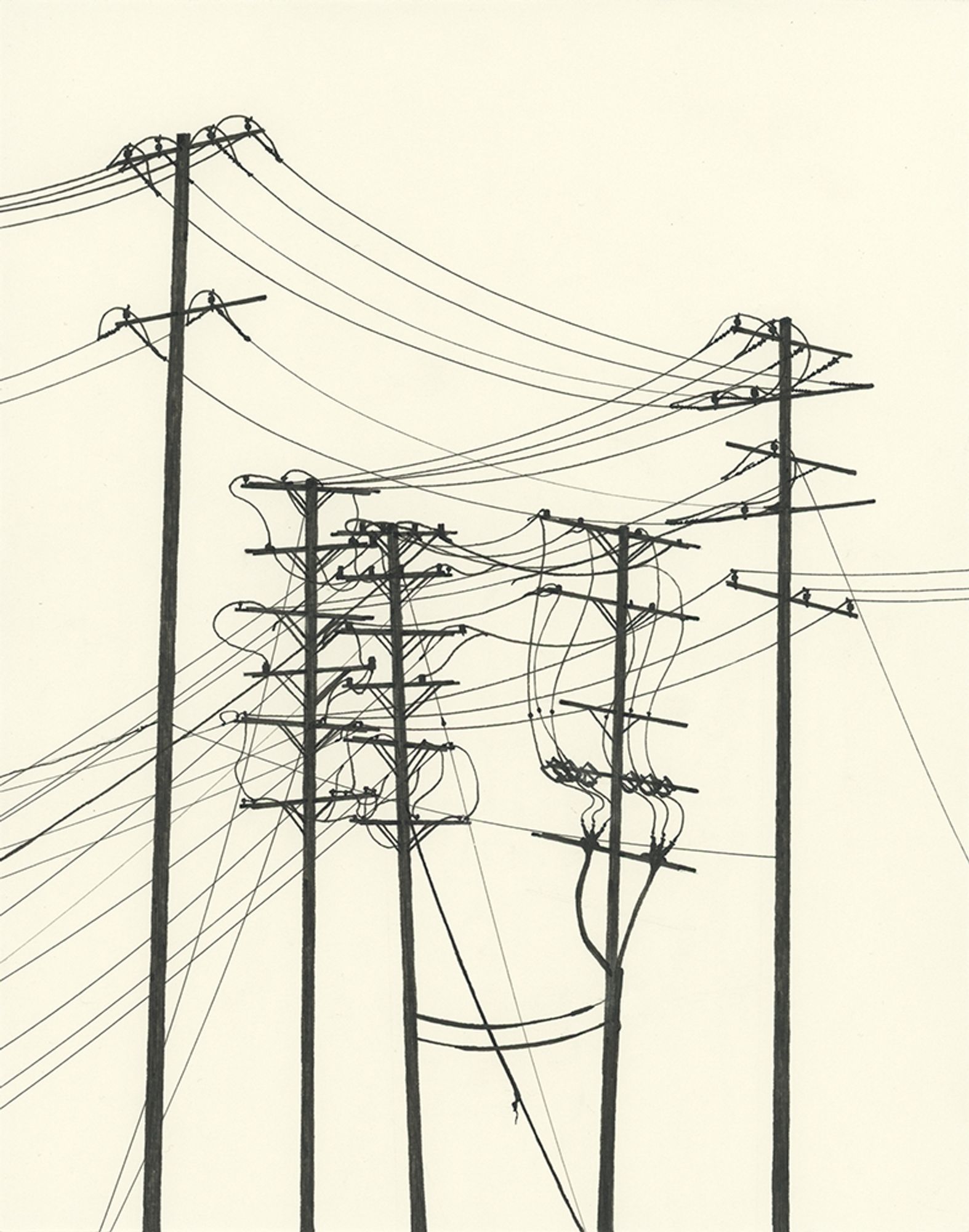 Black ink drawing of a lot of utility poles and power lines