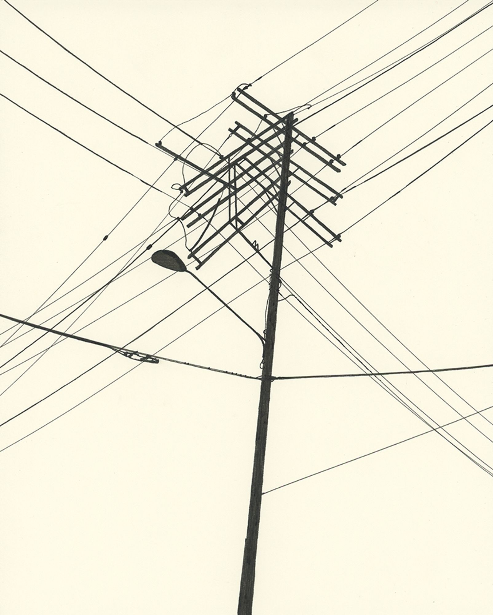 Black ink drawing, silhouette of utility poles and power lines