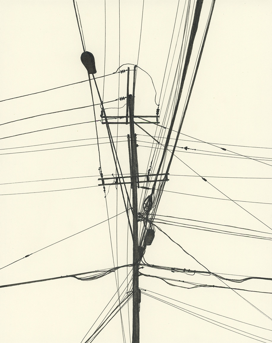 Black ink drawing, silhouette of a utility pole and power lines