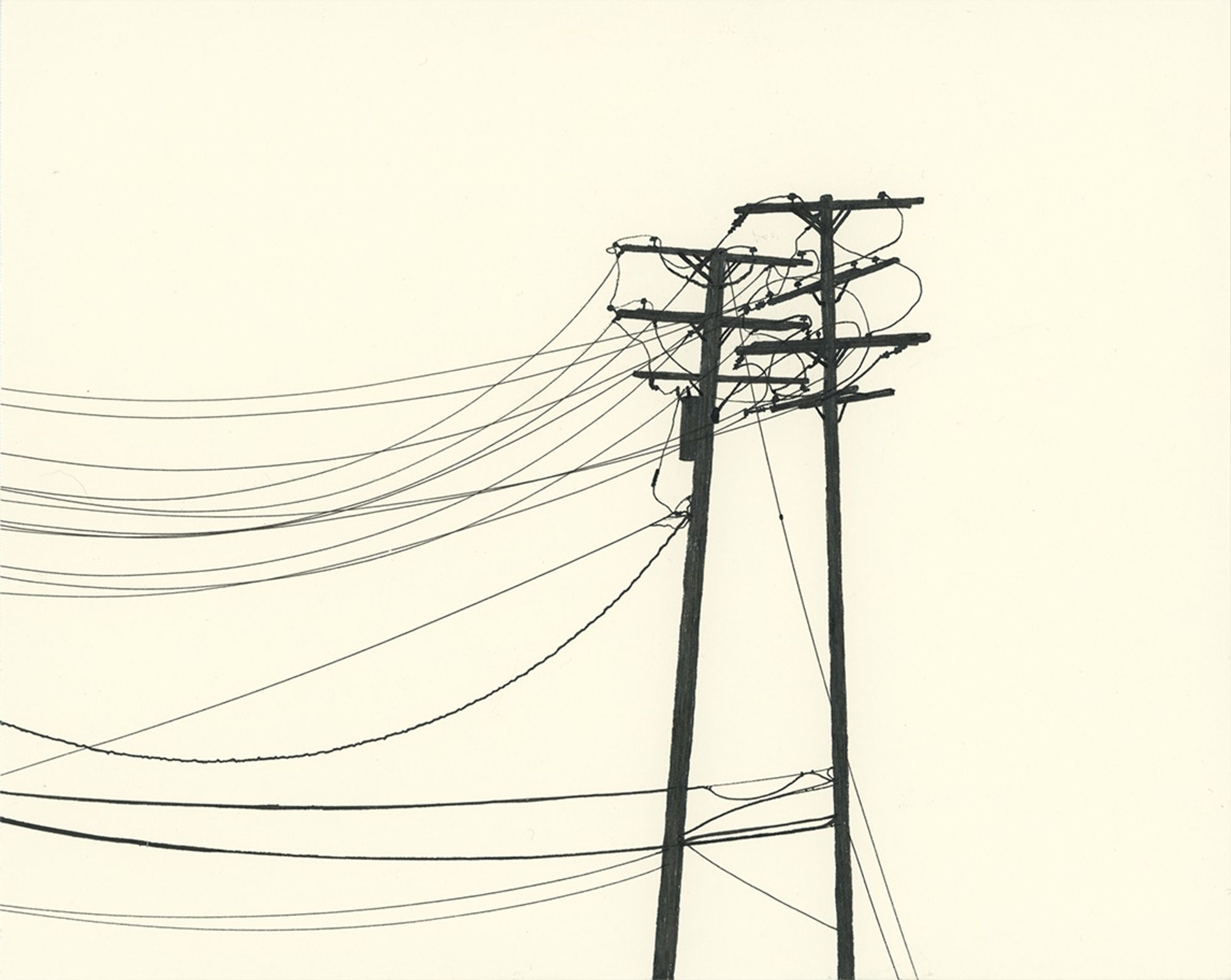 Black ink drawing of two utility poles and power lines, the poles are leaning towards each other like they're gliding together off to the right