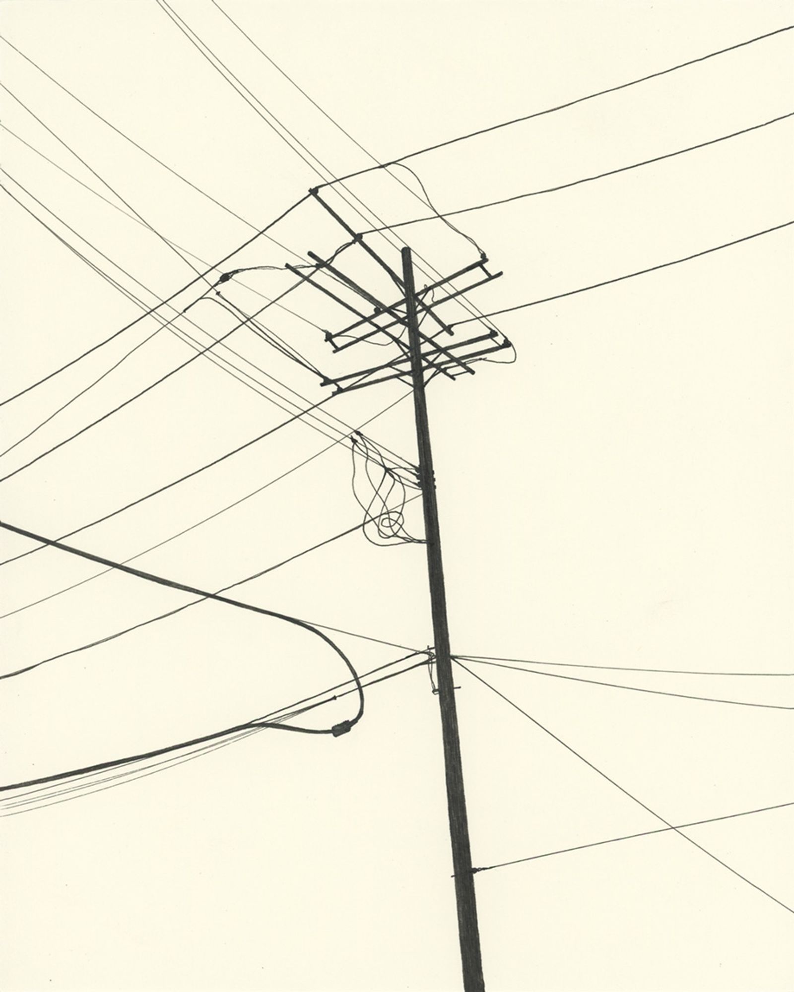 Black ink drawing of a utility pole and power lines, the top looks sort of like two planes on fire and going down