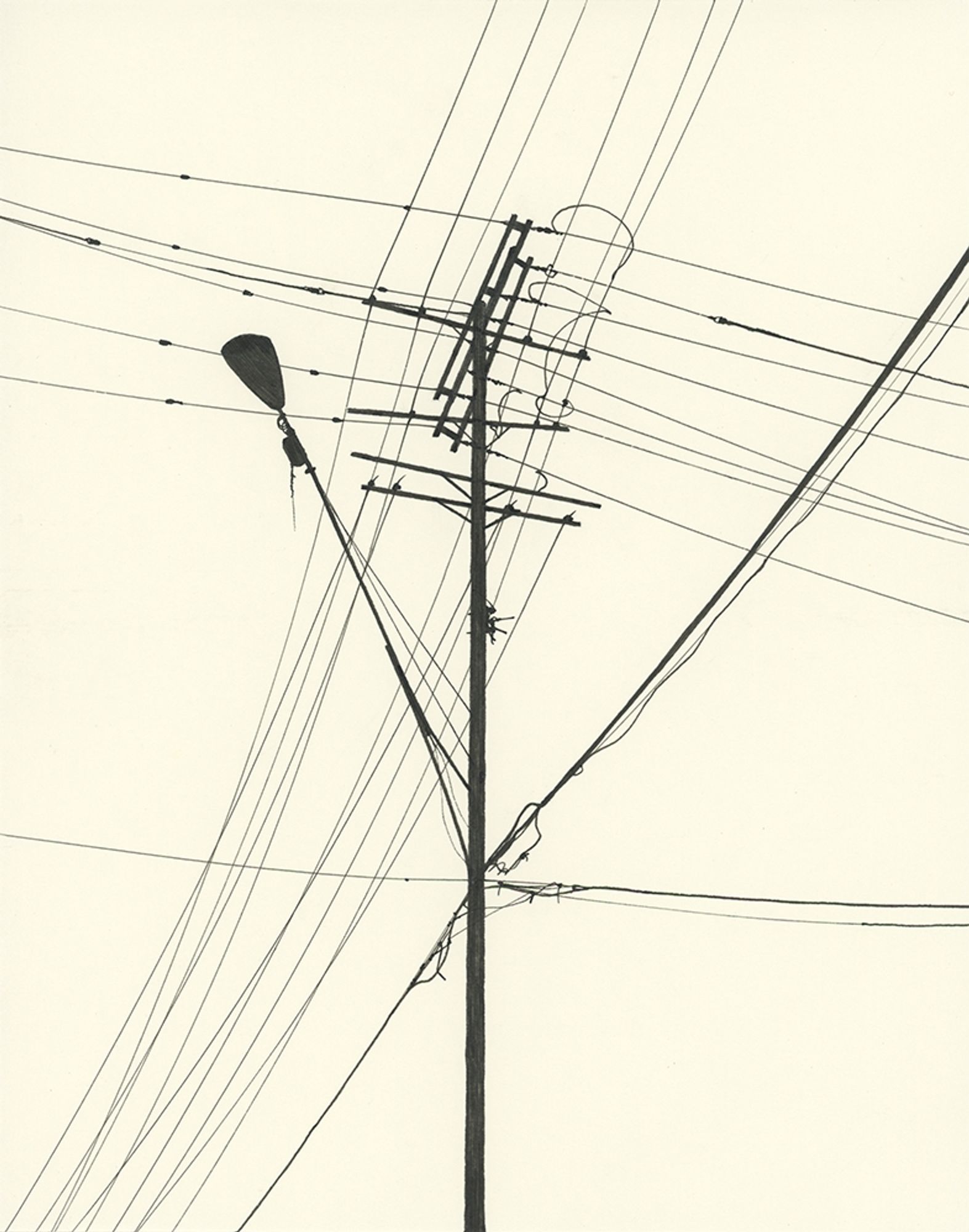 Black ink drawing, silhouette of a utility pole and power lines