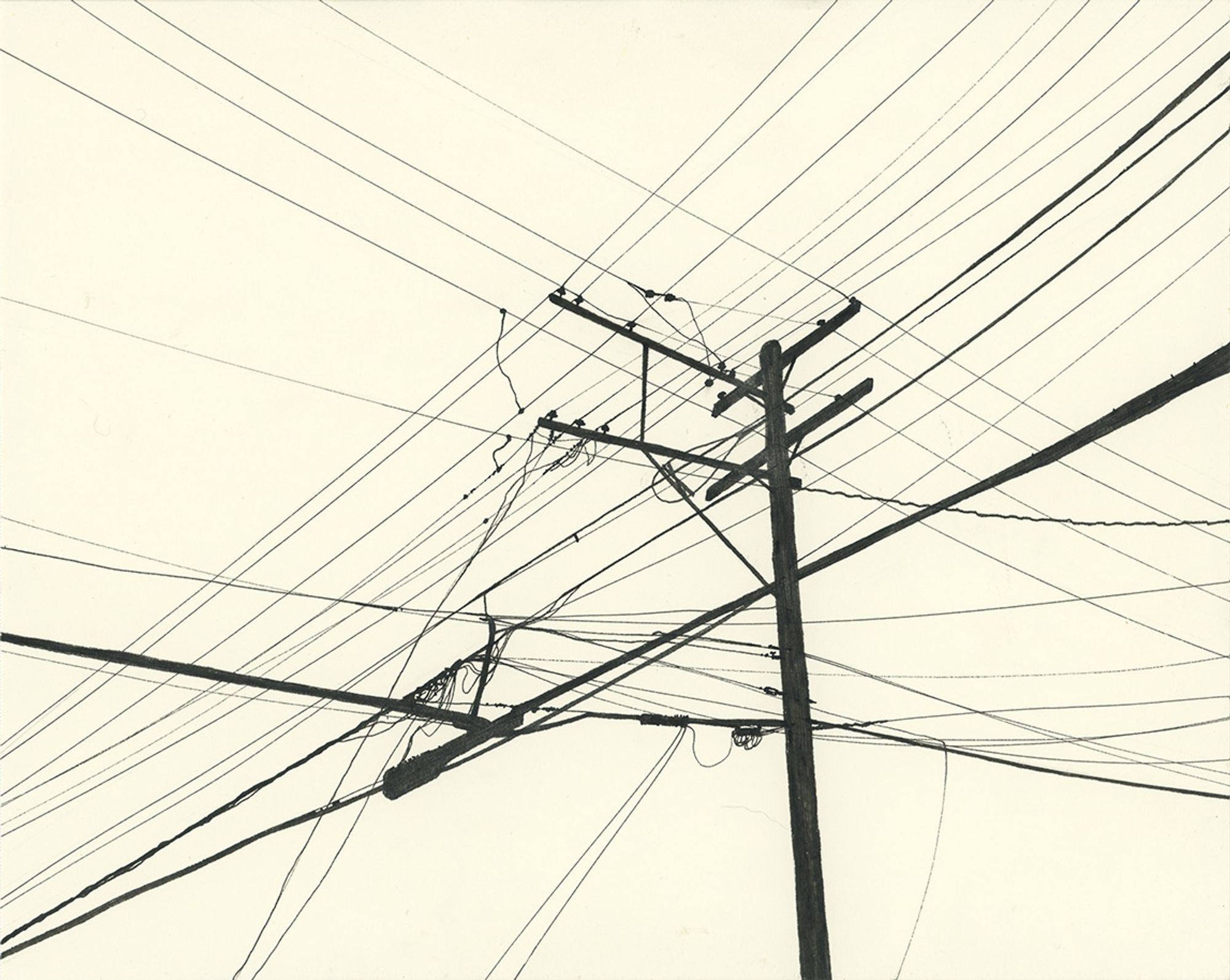 Black ink drawing, silhouette of a utility pole and power lines