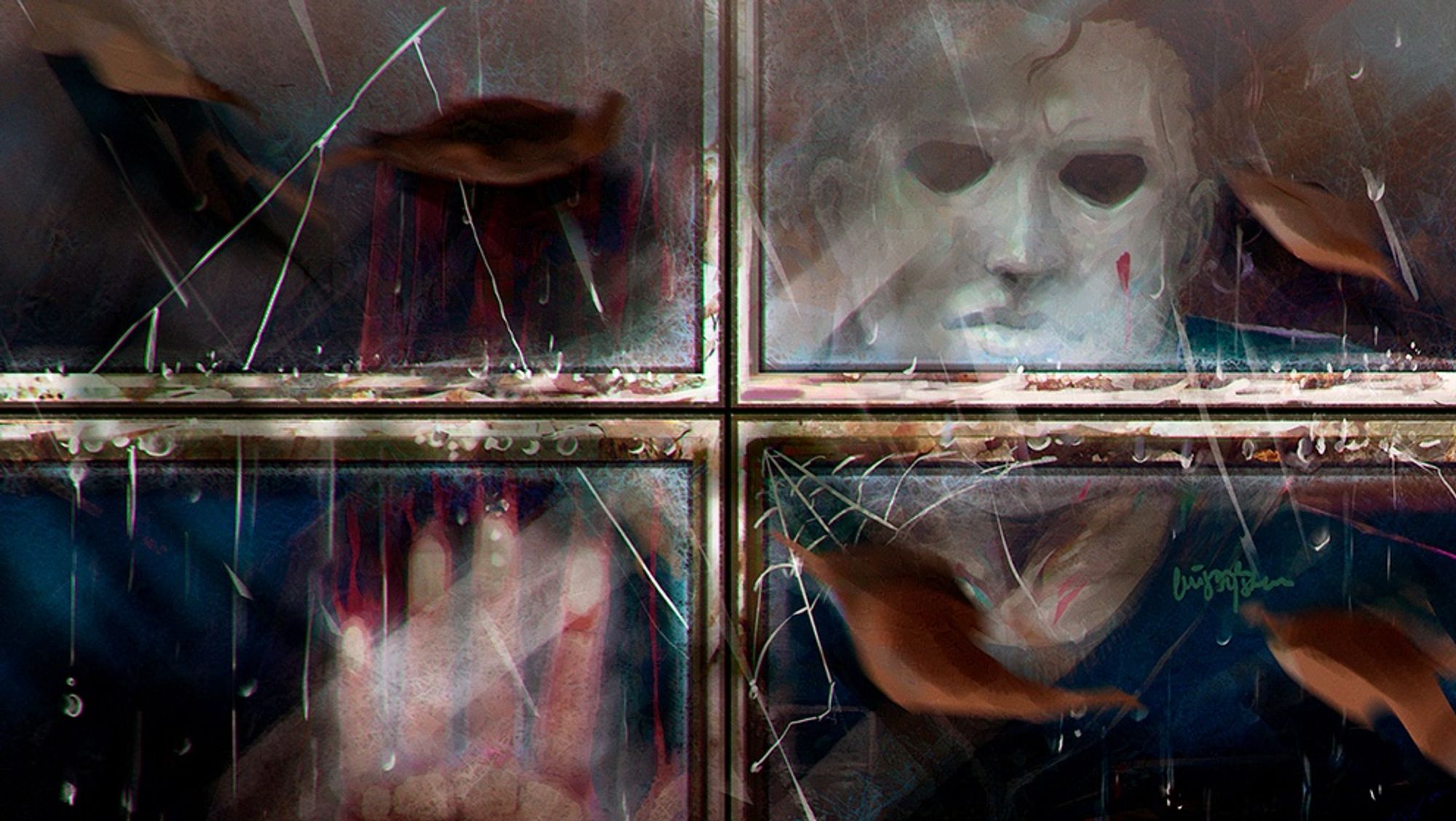 Michael Myers fanart, Michael behind a window looking outside at the viewer.