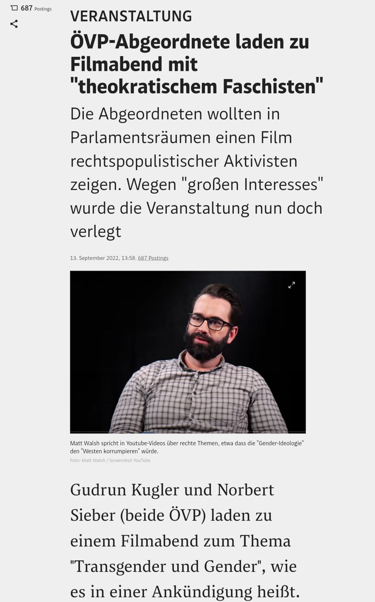 Screenshot von Standardartikel über die Einladung an Walsh von Kugler & Sieber.