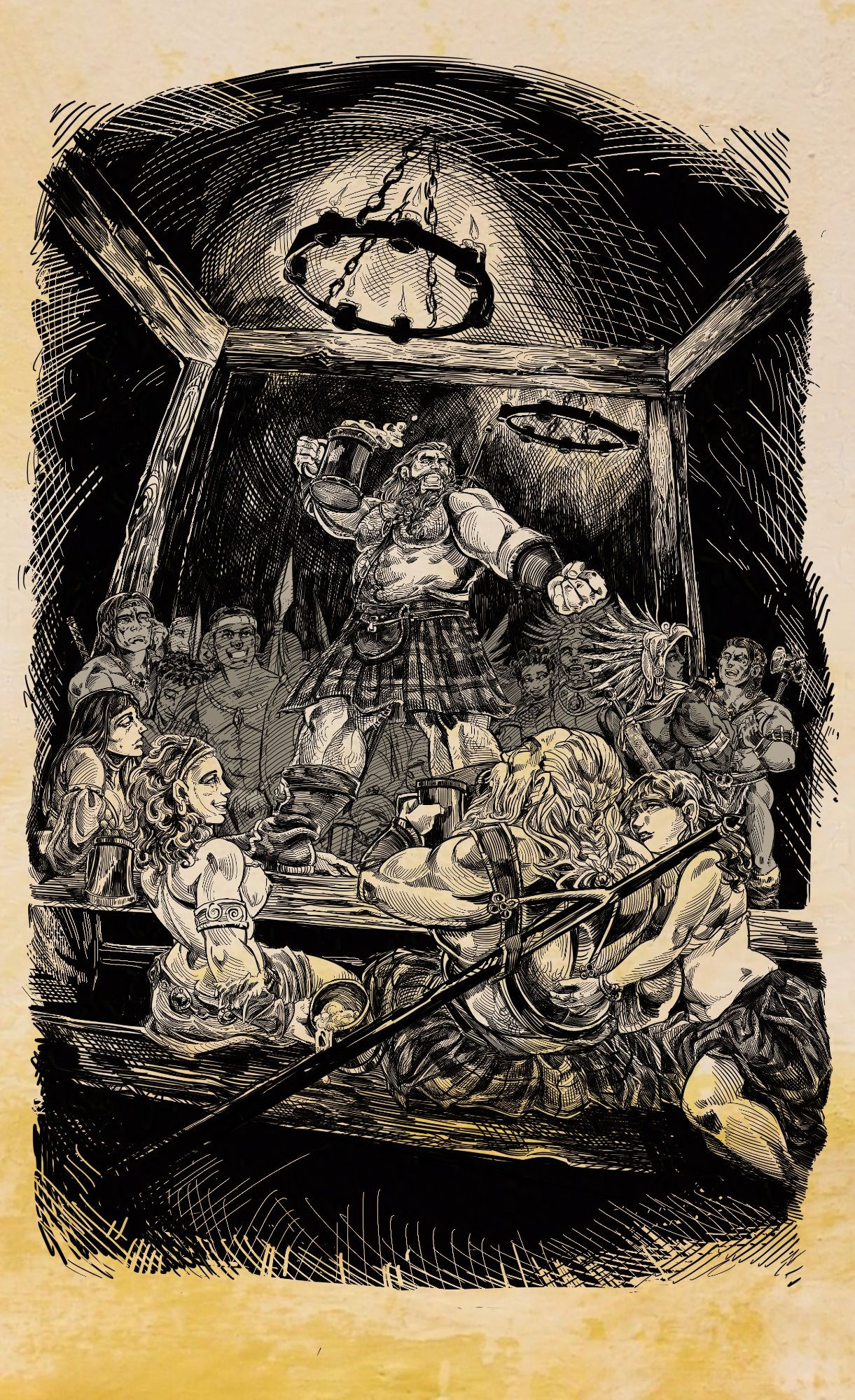 A rowdy tavern full of Barbarian warriors and their girlfriends watch as a bearded man in a kilt jumps up onto a table to raise a toast.