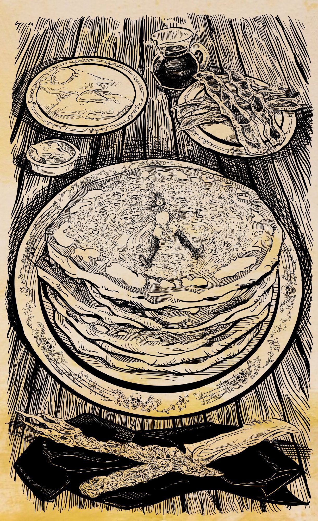 "In the Breakfast of the Grim Lord" (Illustration for BEHOLD! Chapter 17: Pancakes.) A breakfast spread of bacon, eggs, butter, syrup, and a big stack of pancakes. Only the tiny terrified person in a loincloth and thigh-high boots, lying atop the stack as if fallen from a great height, gives away that all this food is truly enormous. Also on closer inspection the pancakes seem to be made of damned souls. Same with the cutlery. The bone china seems inlaid with real bone and uh oh I don't think all this copper-smelling sticky stuff is syrup.