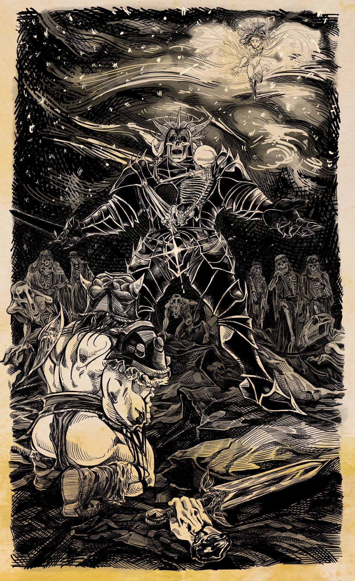 "Behold, I Have Called it." (Illustration for BEHOLD! Chapter 18: Title Drop) Cheered on by his undead husbands and their minions, the Dark Lord Osseon towers triumphant over Brodcrum, a seemingly vanquished Barbarian, who kneels at his feet, his severed sword hand on the ground beside him. Is Brodcrum's gaze on the ethereal vision of his lover in the sky behind the Osseon? Or on something shiny visible through a rupture in Osseon's black steel codpiece?