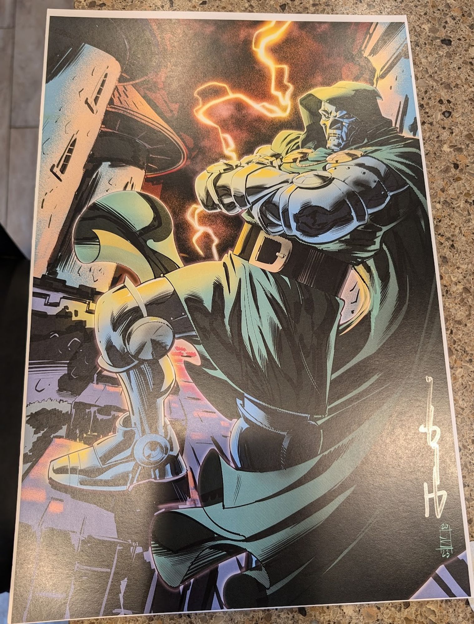 11x17 colored print of Doctor Doom standing atop his castle with one foot up as lightning flashes in the background.