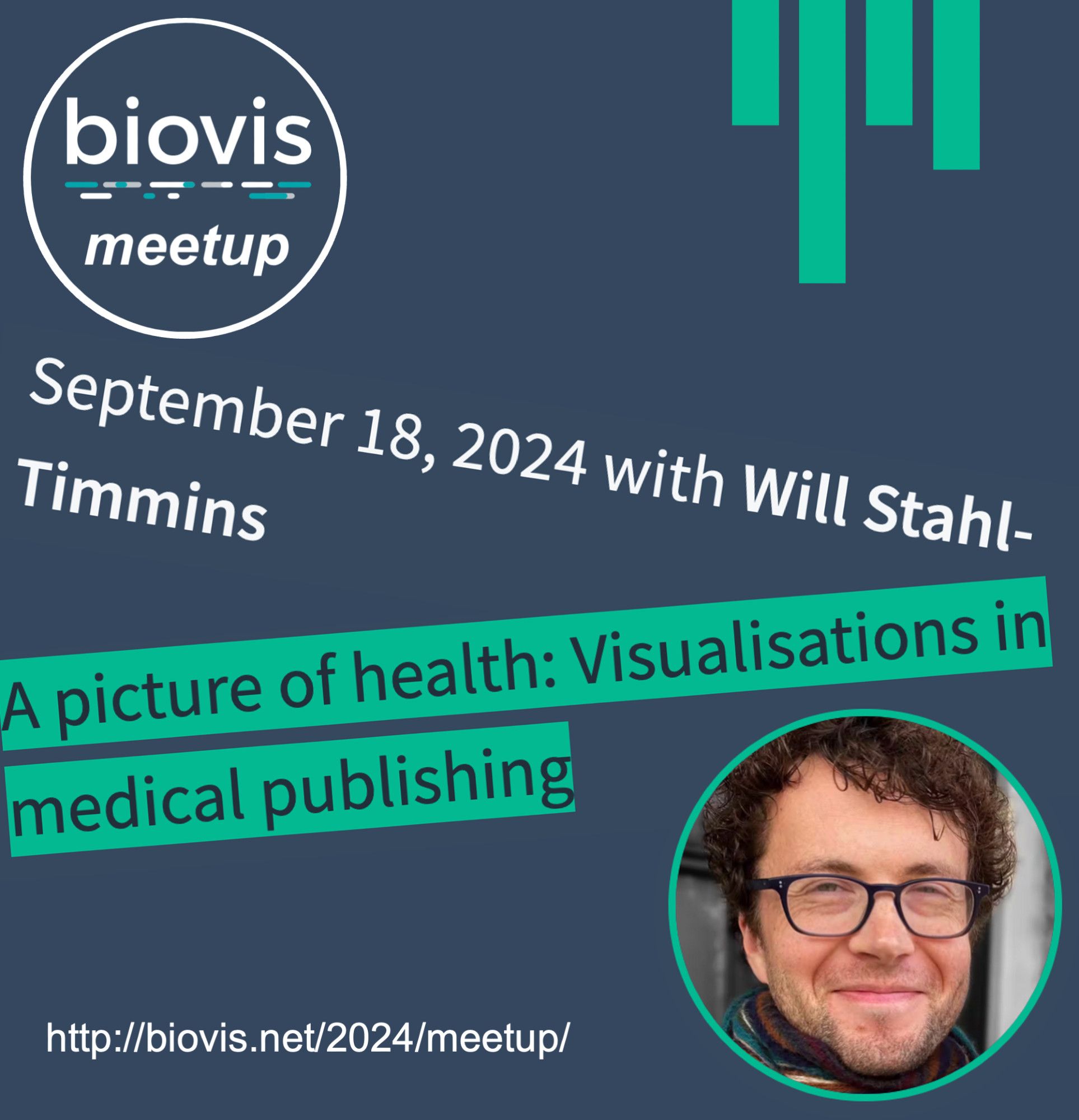 Announcement online meetup: A picture of health: Visualisations in medical publishing. Showing logo of BioVis community, a stylized bar chart, and a picture of the speaker.