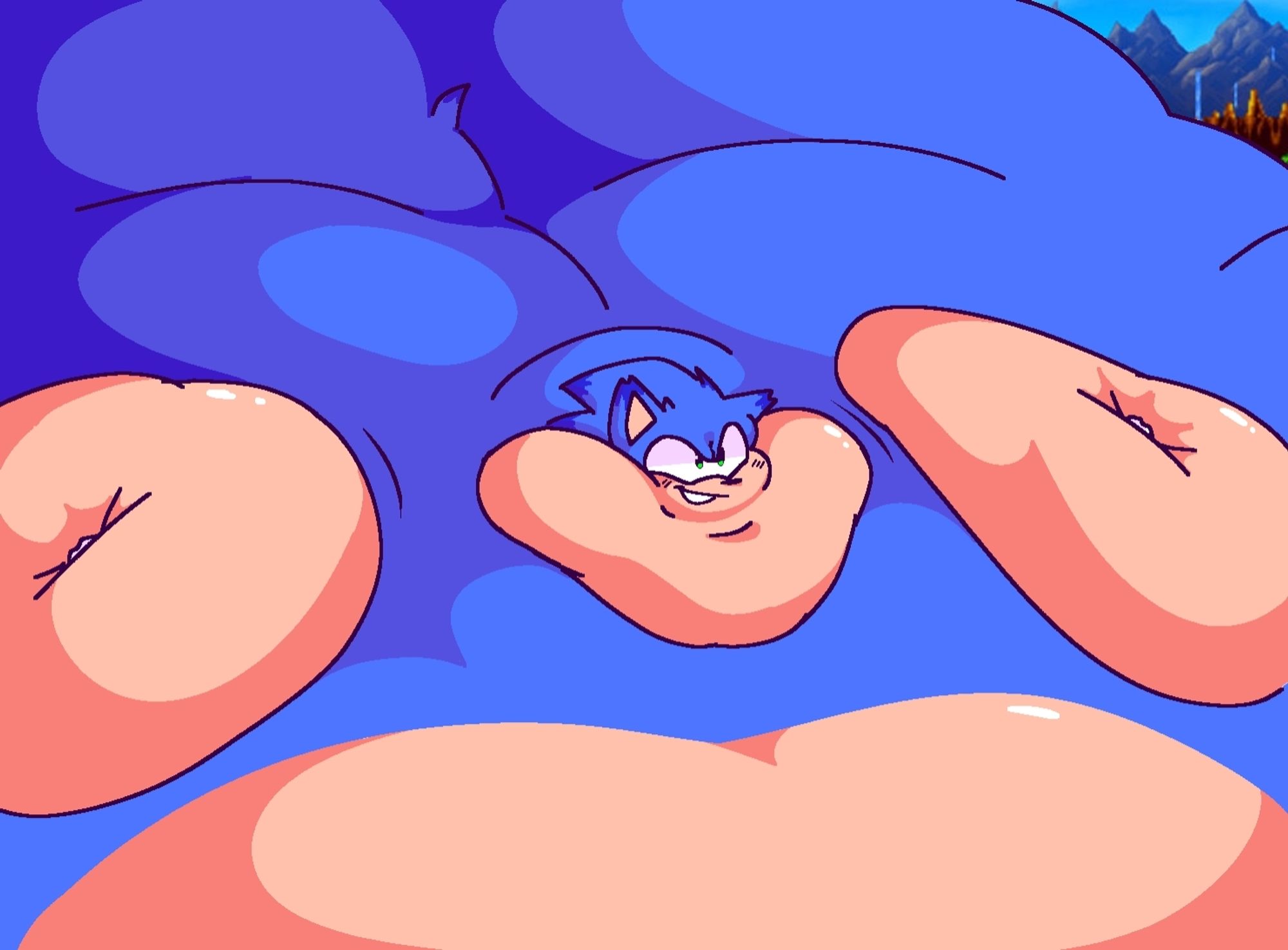 Sonic the Hedgehog, Hero of Mobius, reduced to nothing but a gargantuan mass of flab and rolls.

..he seems to like it, though