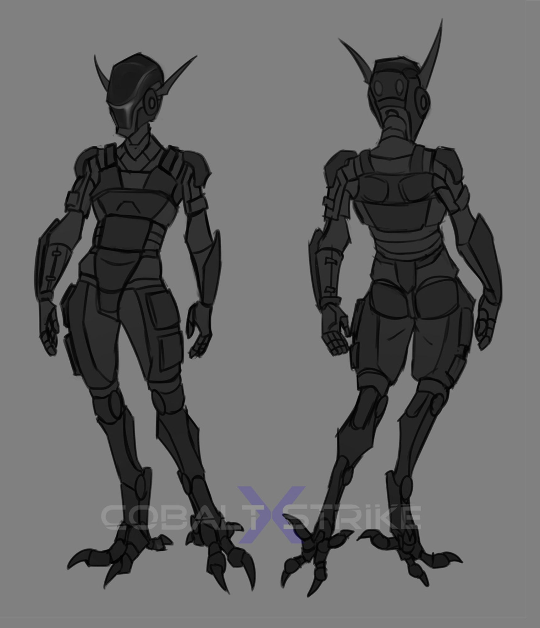 two digital drawings of a woman covered head to toe in dark grey armor. Her legs are bionic and zygodactyl, like the feet of an owl. Left is front view, right is back view.