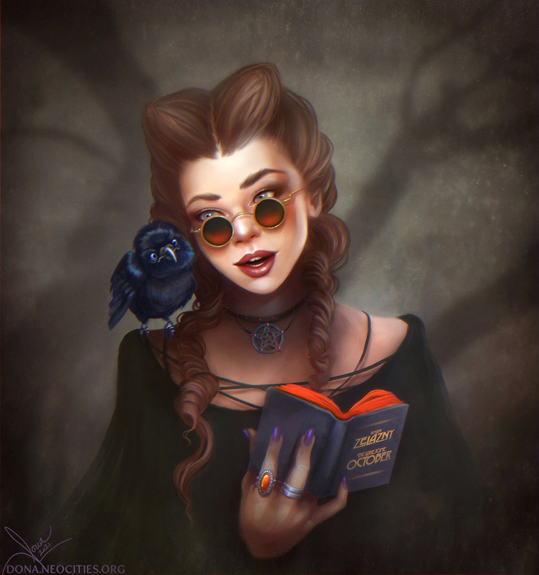 A teenage girl with braided hair, black round sunglasses, a pentagram necklace, and a curious baby crow on her shoulder. She's reading the book "Night in the Lonesome October" by Roger Zelazny.