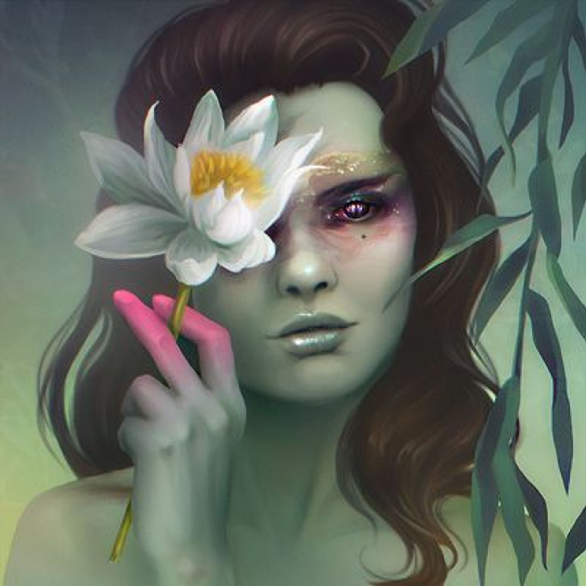 Portrait of Lily, a green mermaid holding a white waterlily