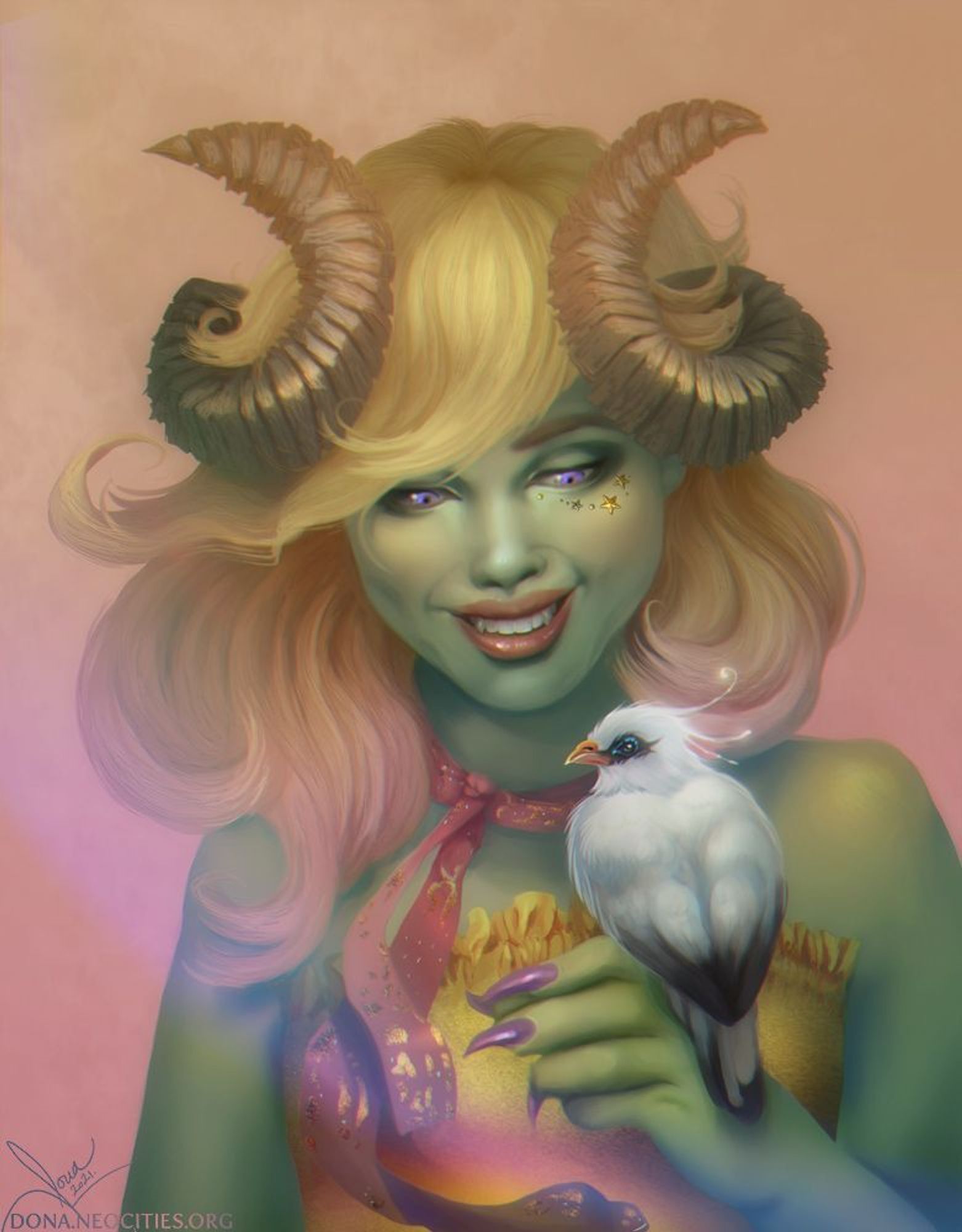 Green tiefling smiling at her bird