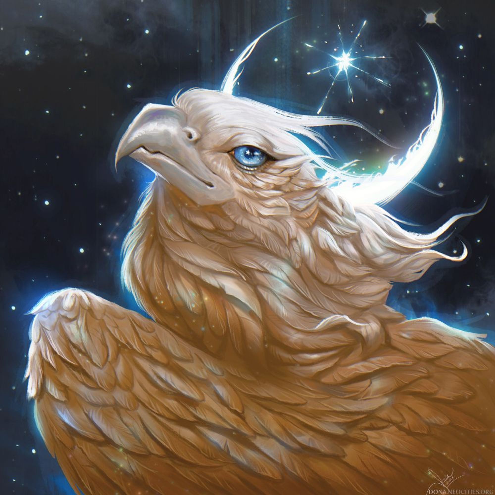 Portrait of a celestial gryphon. Her feathers are soft cream, with magical blue highlights and sparkling stars beneath the wings. The bird's moon-like eyes are speckled with stars and she looks confident and warm. Behind her is a crescent moon and a dark sky full of stars.