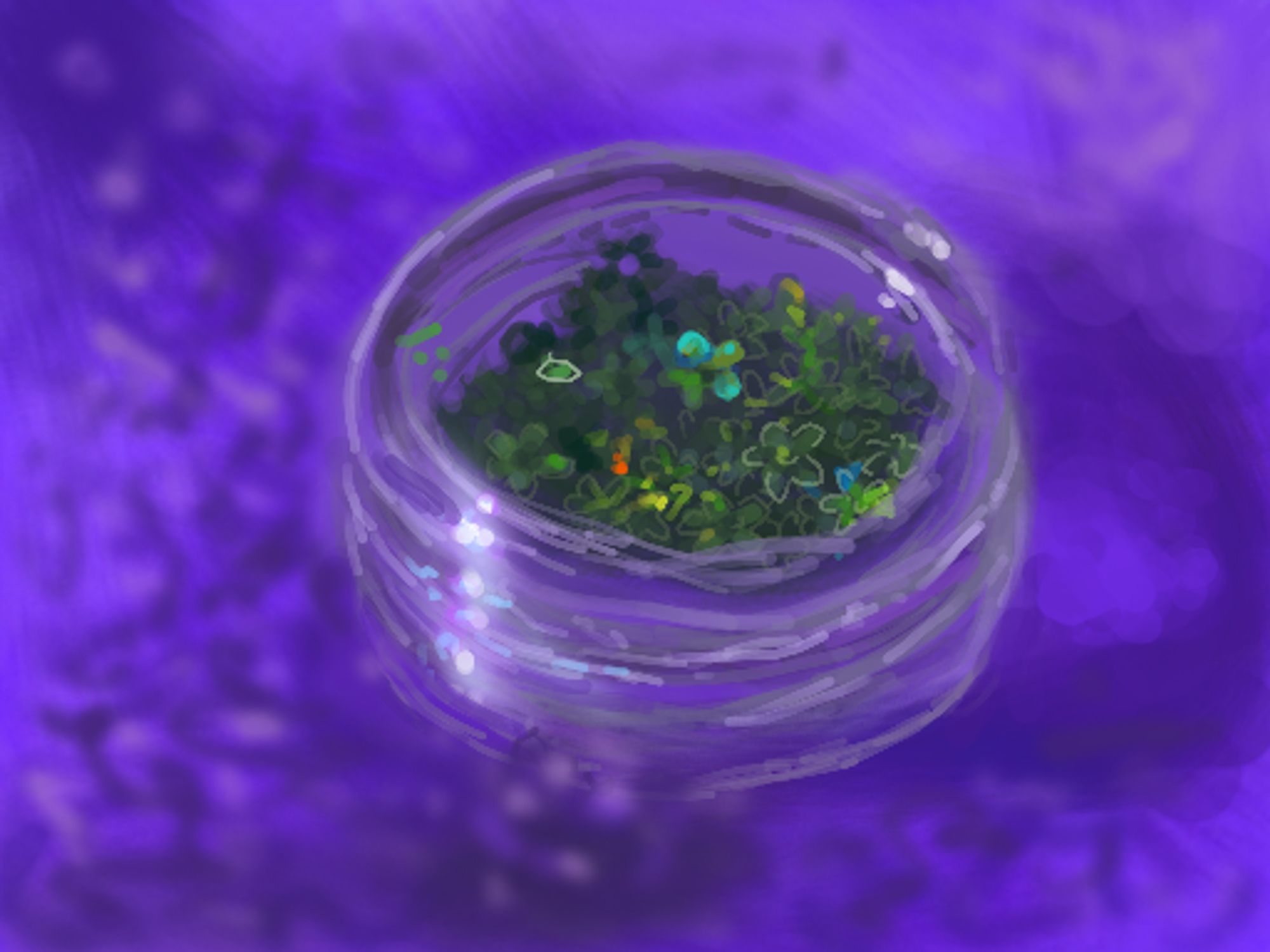 A study of a green glitter jar laying on indigo blanket