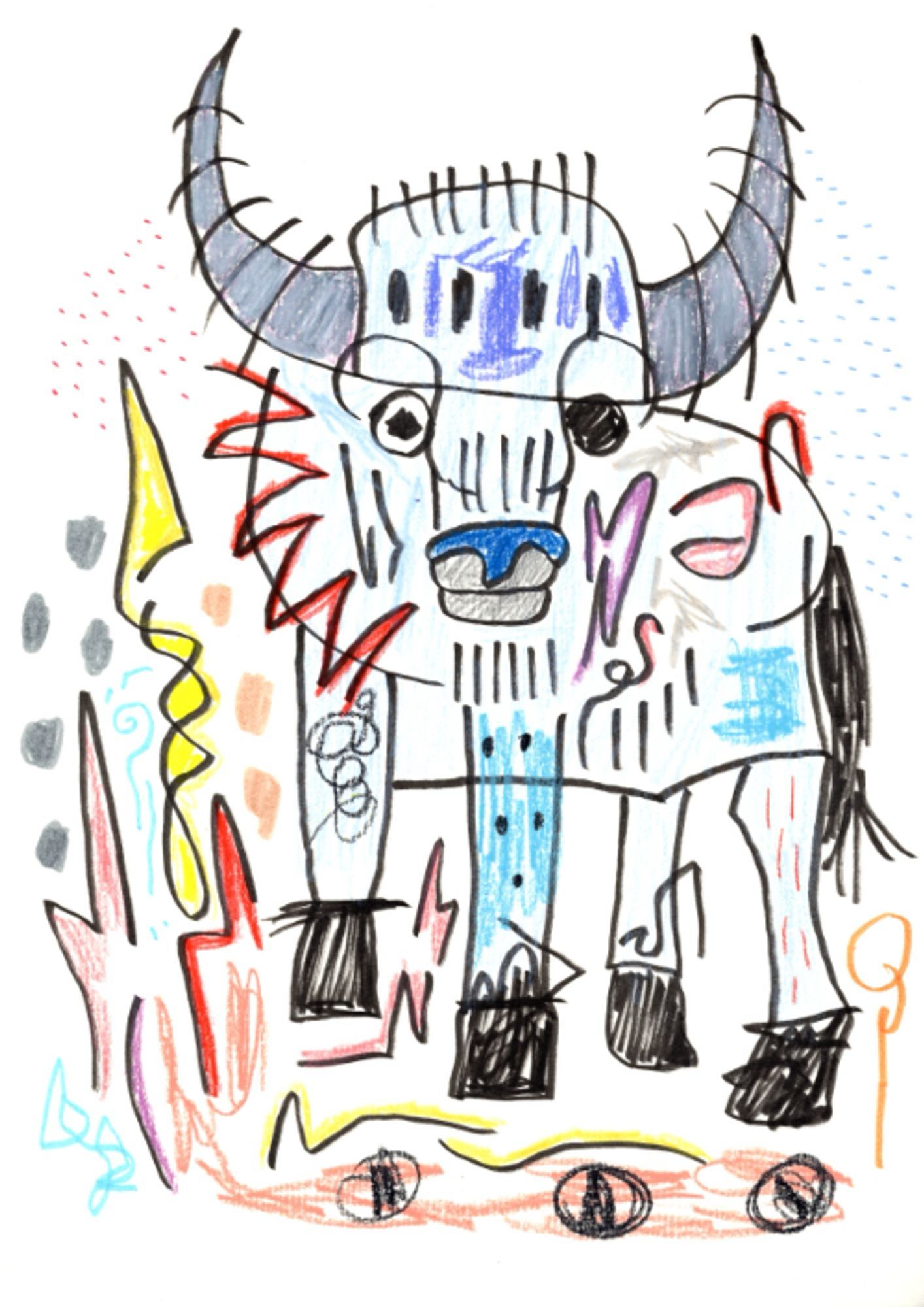 mixed media artwork featuring a cartoonish sort of abstracted bison. there are many patterns and colors