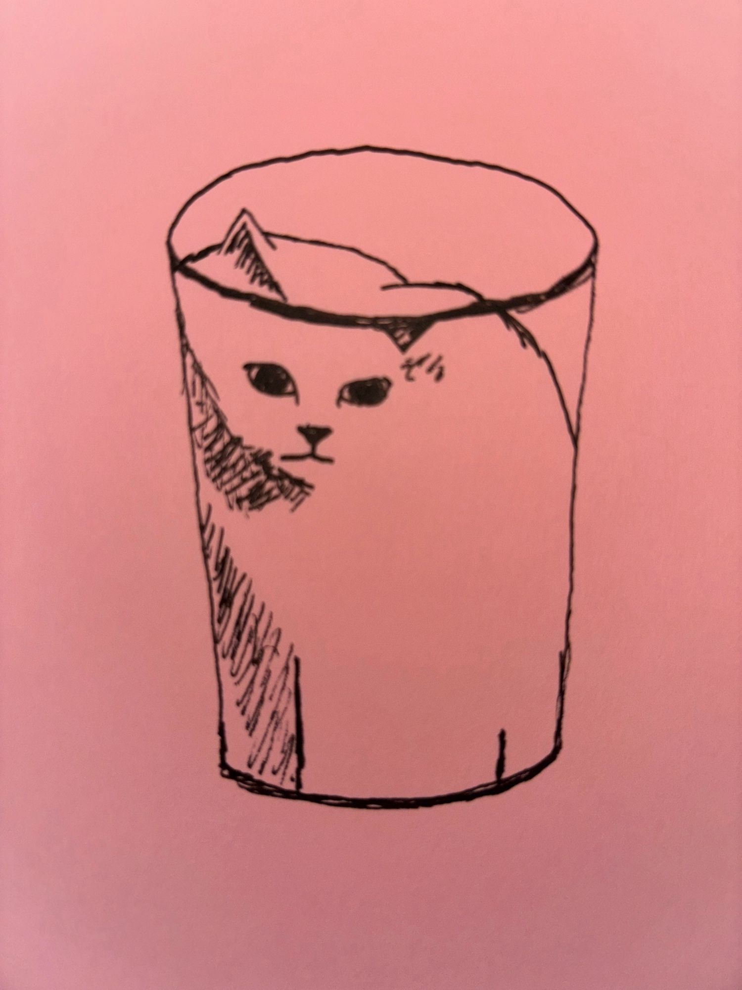 pen sketch of a cat in a clear bin but it looks like the cat is small and in a cup