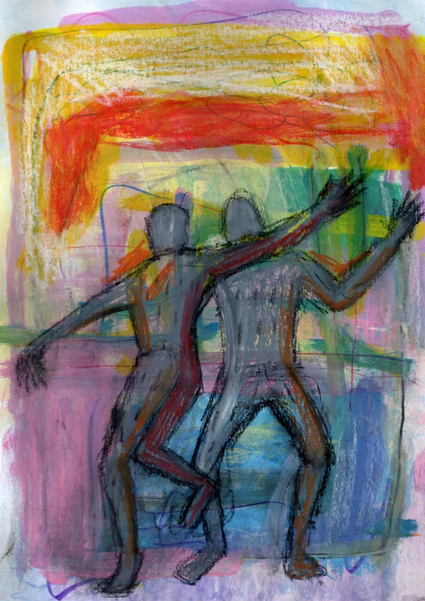 crayon drawing of 2 people dancing over a multicolor background