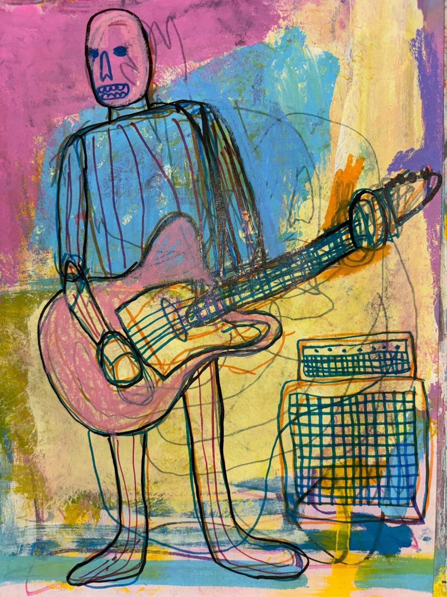 scribbly drawing of a person playing a guitar plugged into an amp on a colorful background