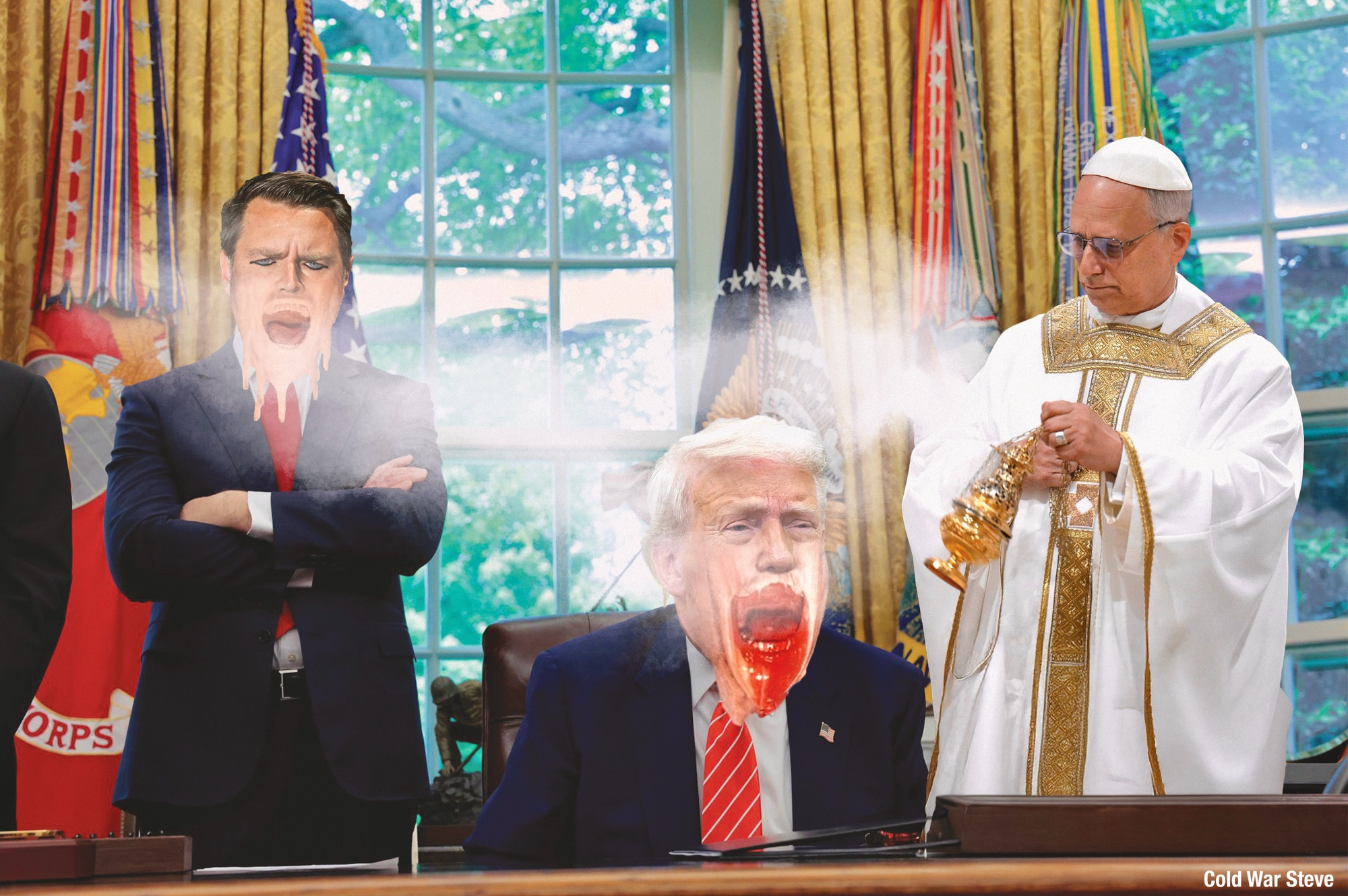 New pope Leo XIV wafts incense in the Oval Office. Trump and Vance’s faces melt.