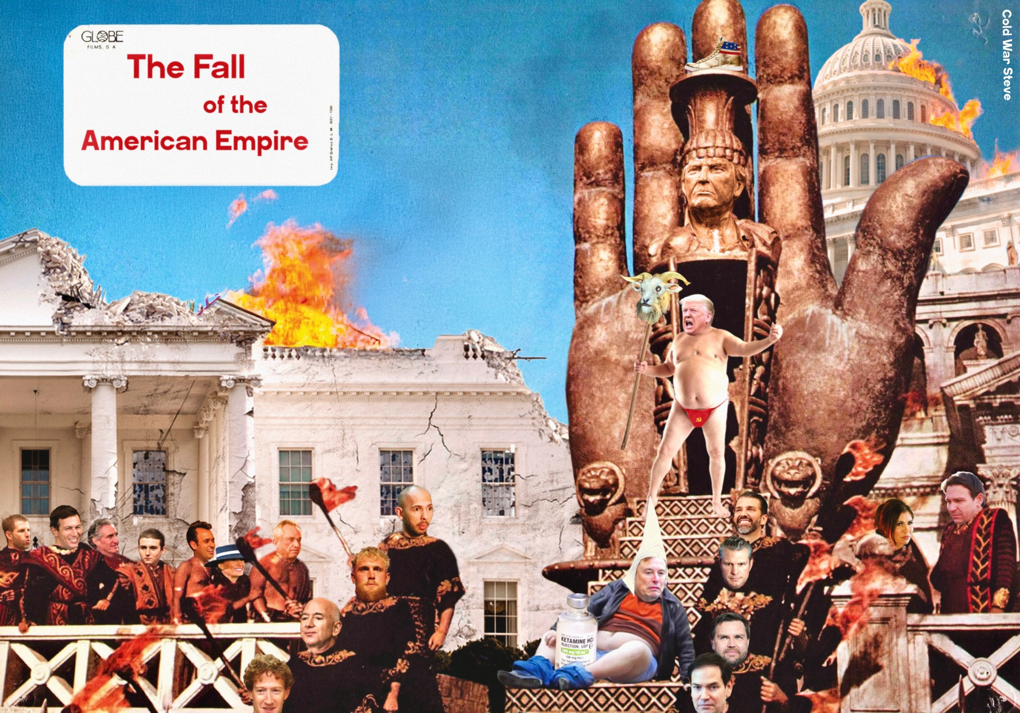 I purchased image rights to original artwork for a movie poster of the 1964 film ‘The Fall of the Roman Empire’. I’ve adapted it into a photomontage featuring Trump, Musk, Vance and the rest of the wrecking crew.