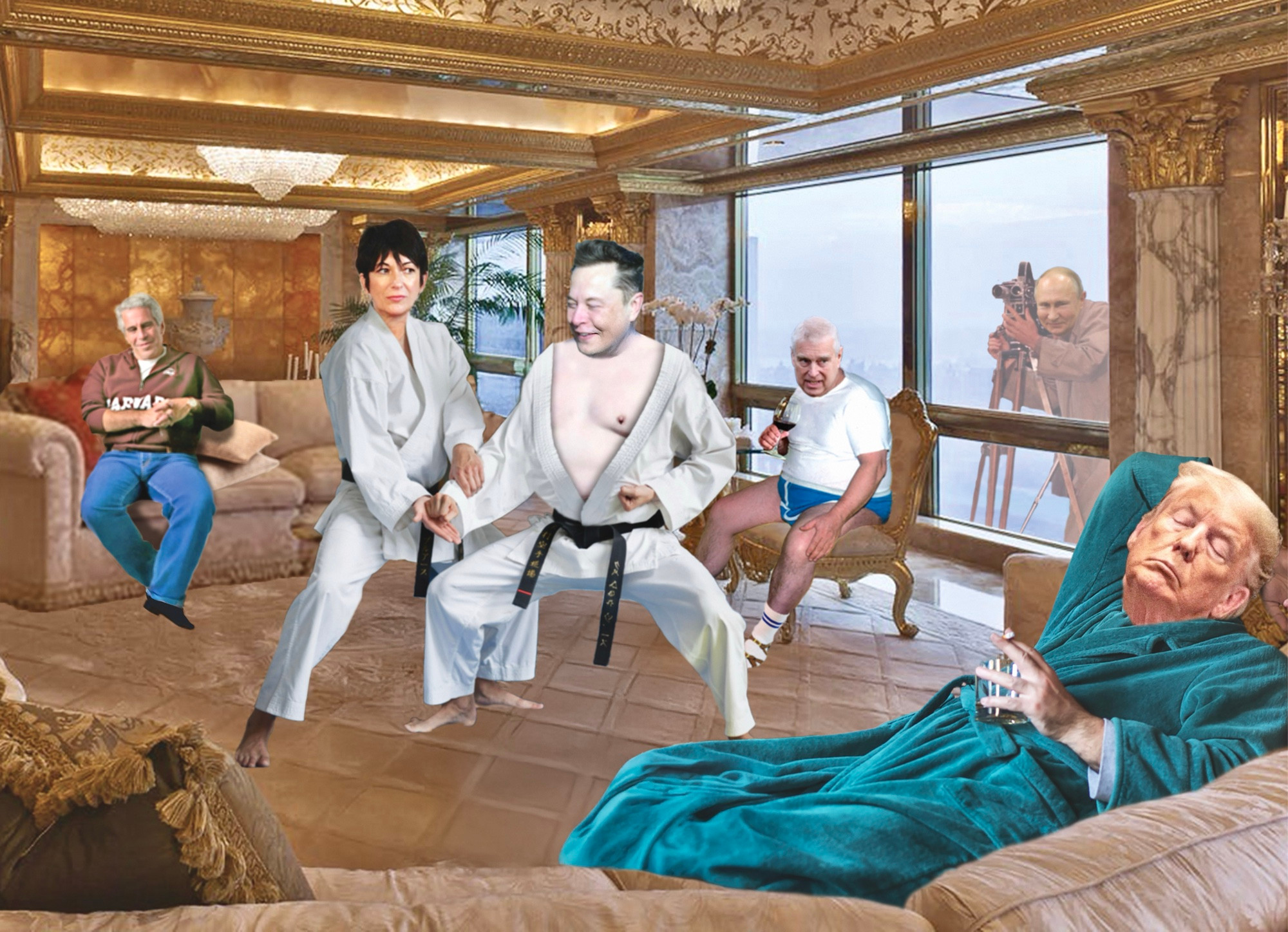 Trump’s penthouse suite. Musk partakes in his regular ‘kung fu lesson’ with Ghislaine Maxwell. Jeffrey Epstein, prince Andrew and Trump (who’s asleep on the sofa) are also in attendance. Putin is outside the window filming the scene.