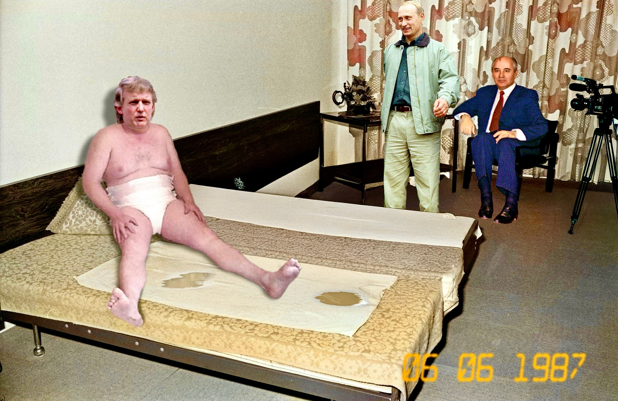 Seedy Moscow motel room 1987. Trump (in a nappy) sits on the bed. KGB Putin and Gorbachev look on.