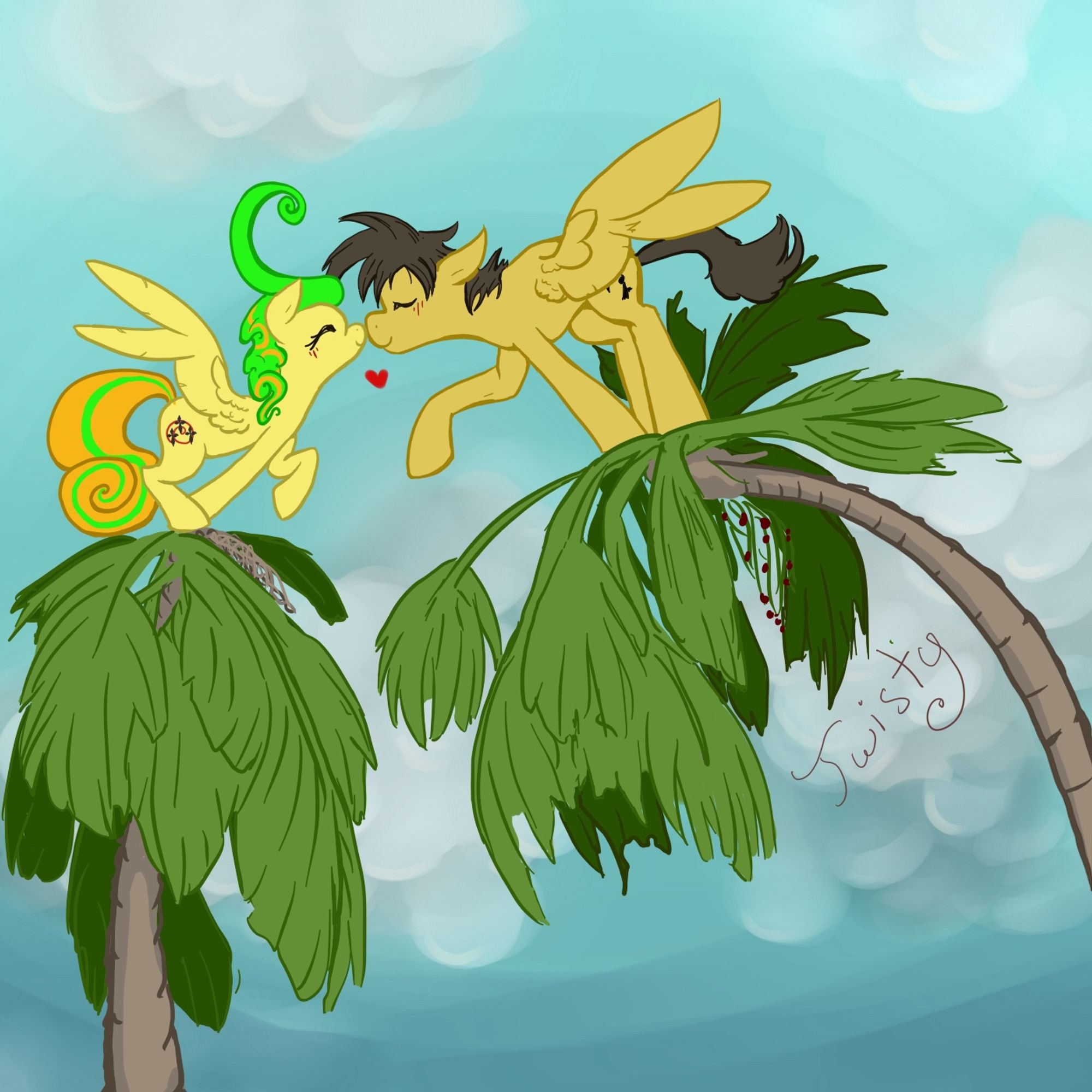 Two ponies are nuzzling in palm trees. The tan pony is bending his tree towards the yellow pony.