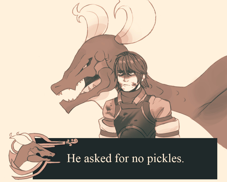 Drawing of Caim and Angelus from Drakengard. Caim has an intense unreadable expression while covered in blood. Angelus is behind him sternly saying "He asked for no pickles", stylized as a text box from Drakengard.